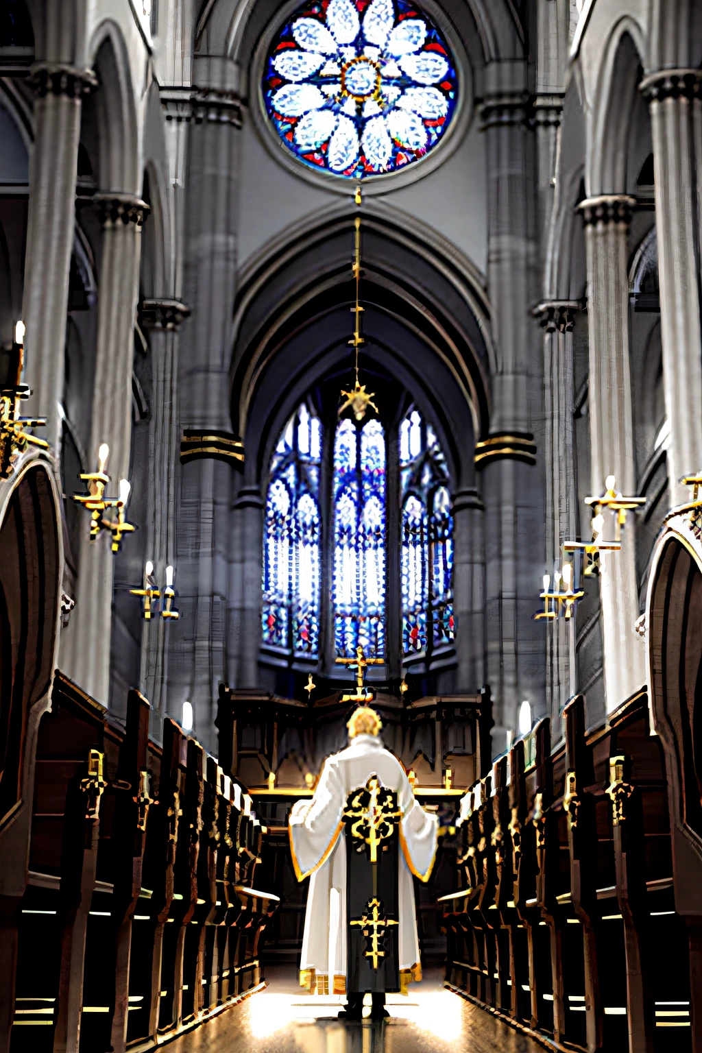 A priest dressed as a holy blond man holding a Bible turned his back to the picture, unable to see his face,Standing in a majestic church with a giant cross in the middle,His figure appears very small in the huge church,The main body of the picture is a church,The position of the man is in the lower position of the picture,White gold color scheme