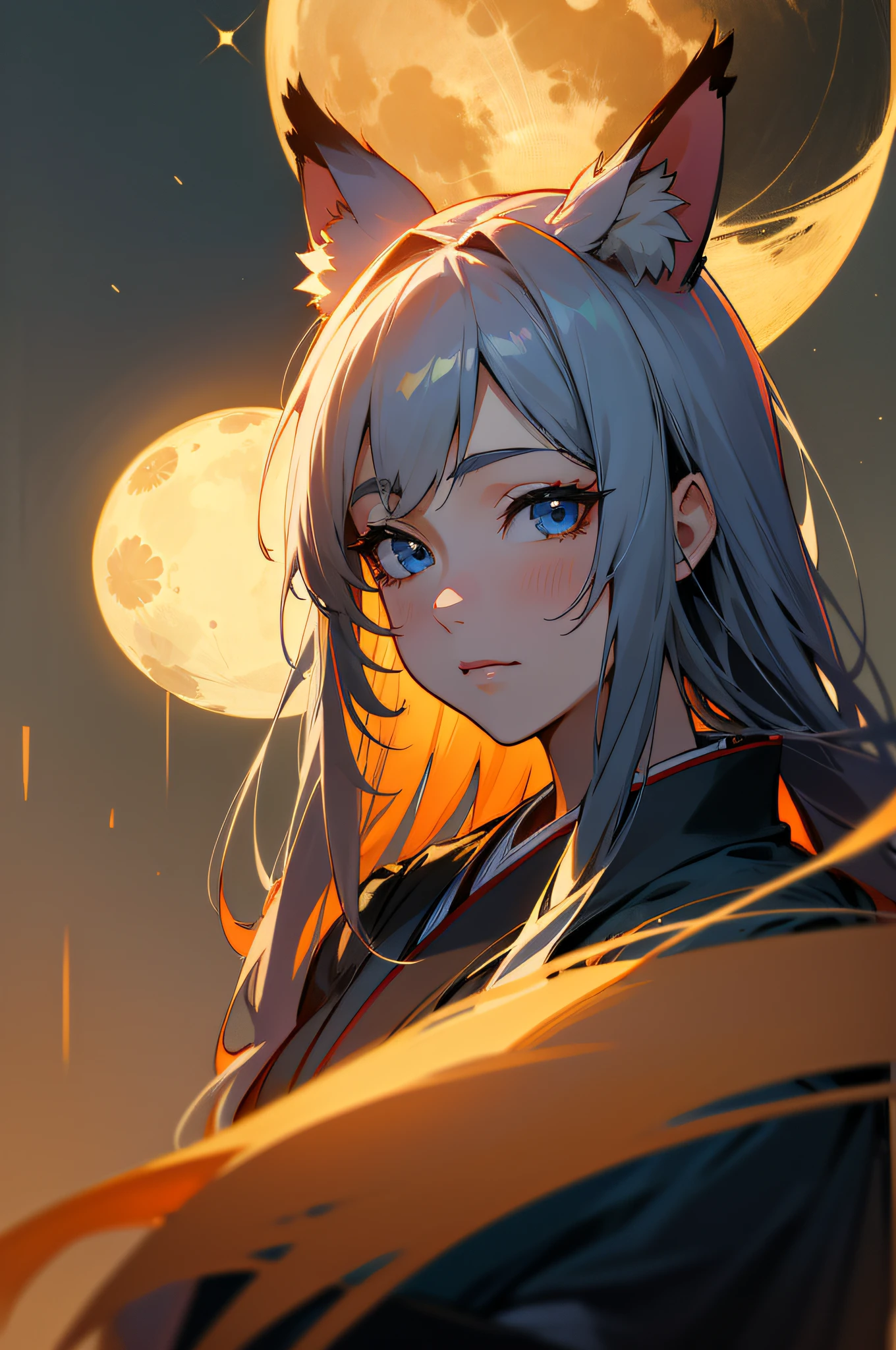 (absurdres, highres, ultra detailed), close-up of face, emphasis on face, focus on face, one woman, mature woman, aged, long straight hair, shiny beautiful hair, blue eyes, bangs, long sleeves, finely drawn eyes and detailed face, eye highlights, hands without breaks, rich Lighting, Highly detailed CG unified 8K wallpaper, Intricate details, Portrait, Gazing, Solo, Half shot, Fine drawn face, Soft smile, Dynamic pose, Classical period, (Ancient Japanese themed: 1.1), Japanese mythology, Fox ears, Japanese people, ruler, Blue kimono Japanese, Floral kimono, Ancient theme, (Prosperous Civilization: 1.1), Moon in background, (Immaculate: 1.1) shrine, Torii gate, Japanese landscape, Ancient city in background, Fox mask on head, Fantastic, dreamy, dancing lights, lantern, Stern, Night, Darkness, Stars, Portrait, Cinematic lighting, Dating