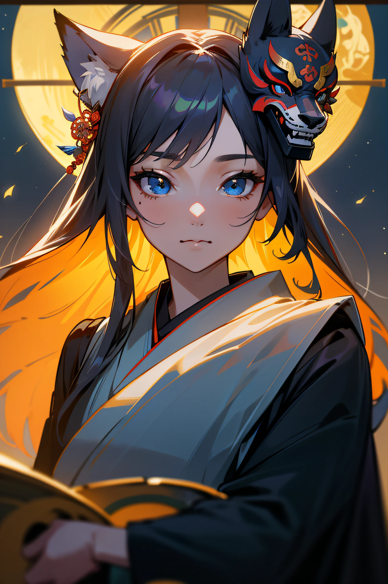 (absurdres, highres, ultra detailed), close-up of face, emphasis on face, focus on face, one woman, mature woman, aged, long straight hair, shiny beautiful hair, blue eyes, bangs, long sleeves, finely drawn eyes and detailed face, eye highlights, hands without breaks, rich Lighting, Highly detailed CG unified 8K wallpaper, Intricate details, Portrait, Gazing, Solo, Half shot, Fine drawn face, Soft smile, Dynamic pose, Classical period, (Ancient Japanese themed: 1.1), Japanese mythology, Fox ears, Japanese people, ruler, Blue kimono Japanese, Floral kimono, Ancient theme, (Prosperous Civilization: 1.1), Moon in background, (Immaculate: 1.1) shrine, Torii gate, Japanese landscape, Ancient city in background, Fox mask on head, Fantastic, dreamy, dancing lights, lantern, Stern, Night, Darkness, Stars, Portrait, Cinematic lighting, Dating