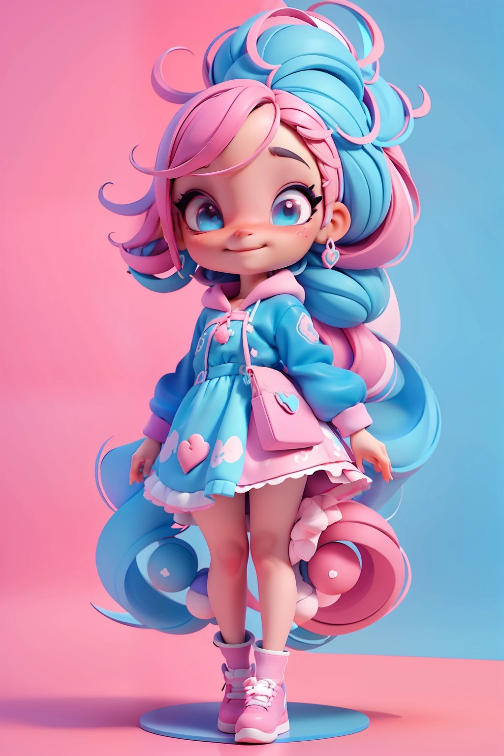 Avatar menina multicolor, tons rosa pink e azul turquesa, sorriso meigo e delicado, vestida com uma roupa detalhada, corpo inteiro,pele clara e olhos delicados e definidos,cartoon 3D com moletom, cabelos multicolor, fundo simples e branco