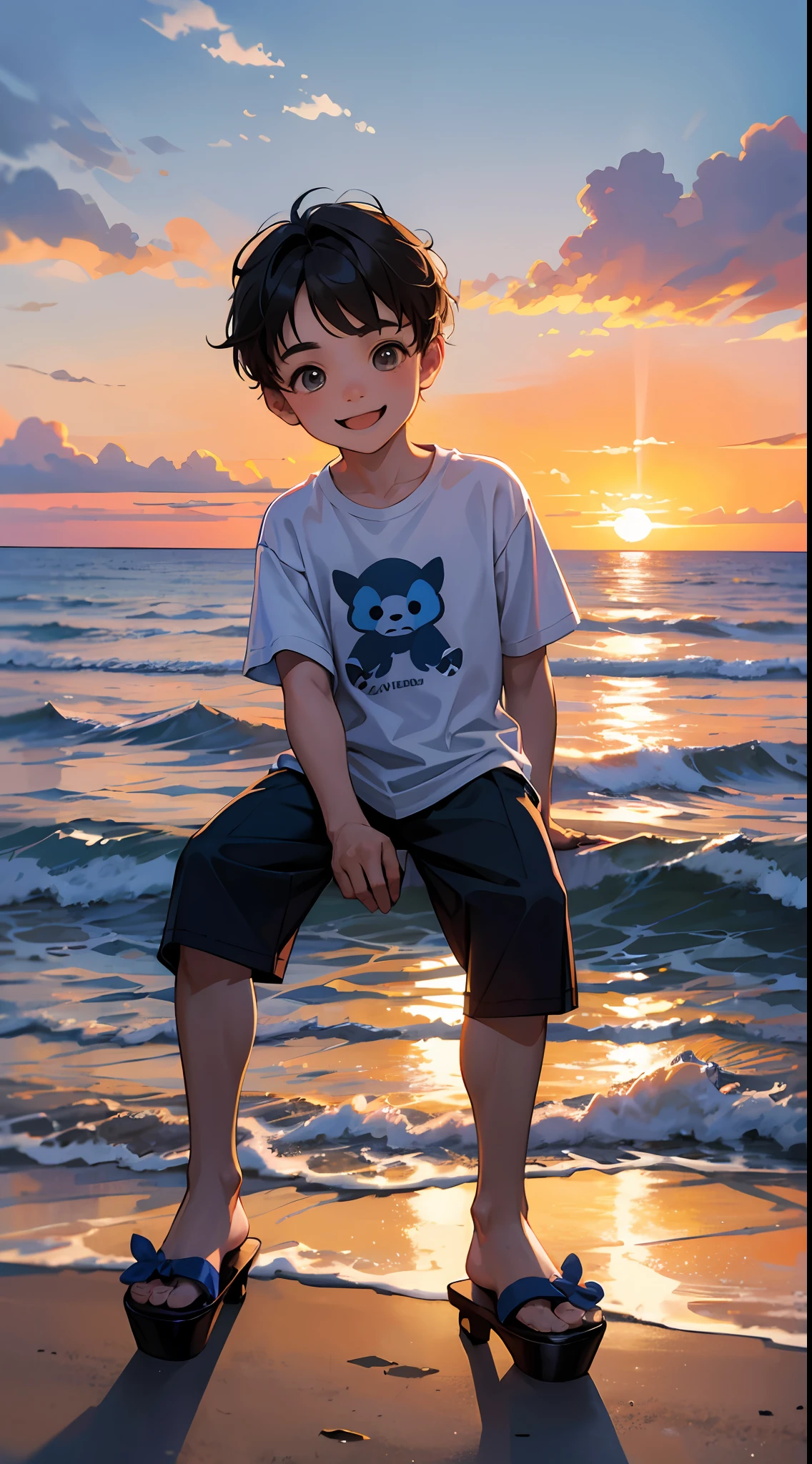 A happy  boy，Dressed in casual attire，Wear slippers，Sit on the reef，The background is the sea，There is a cute little dog next to it，Sunset and sunset，Face the camera，Full body photo，Ultra-high definition