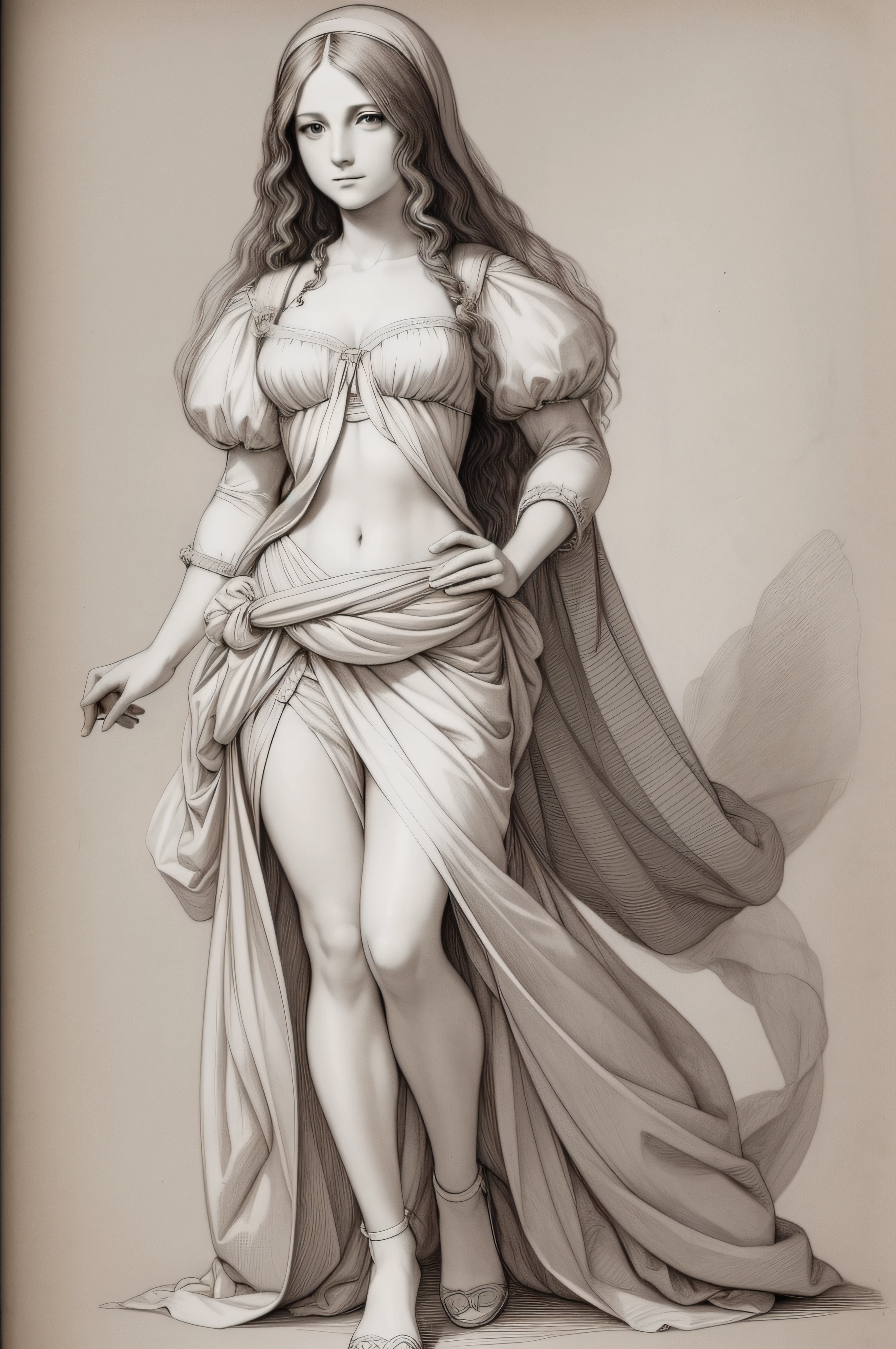 [Woman full body, 8K], Sketch by Leonardo da Vinci and Alessandro Barbucci by Satori Canton, The cutest chibby, adult coloring book, lineart, [background white]