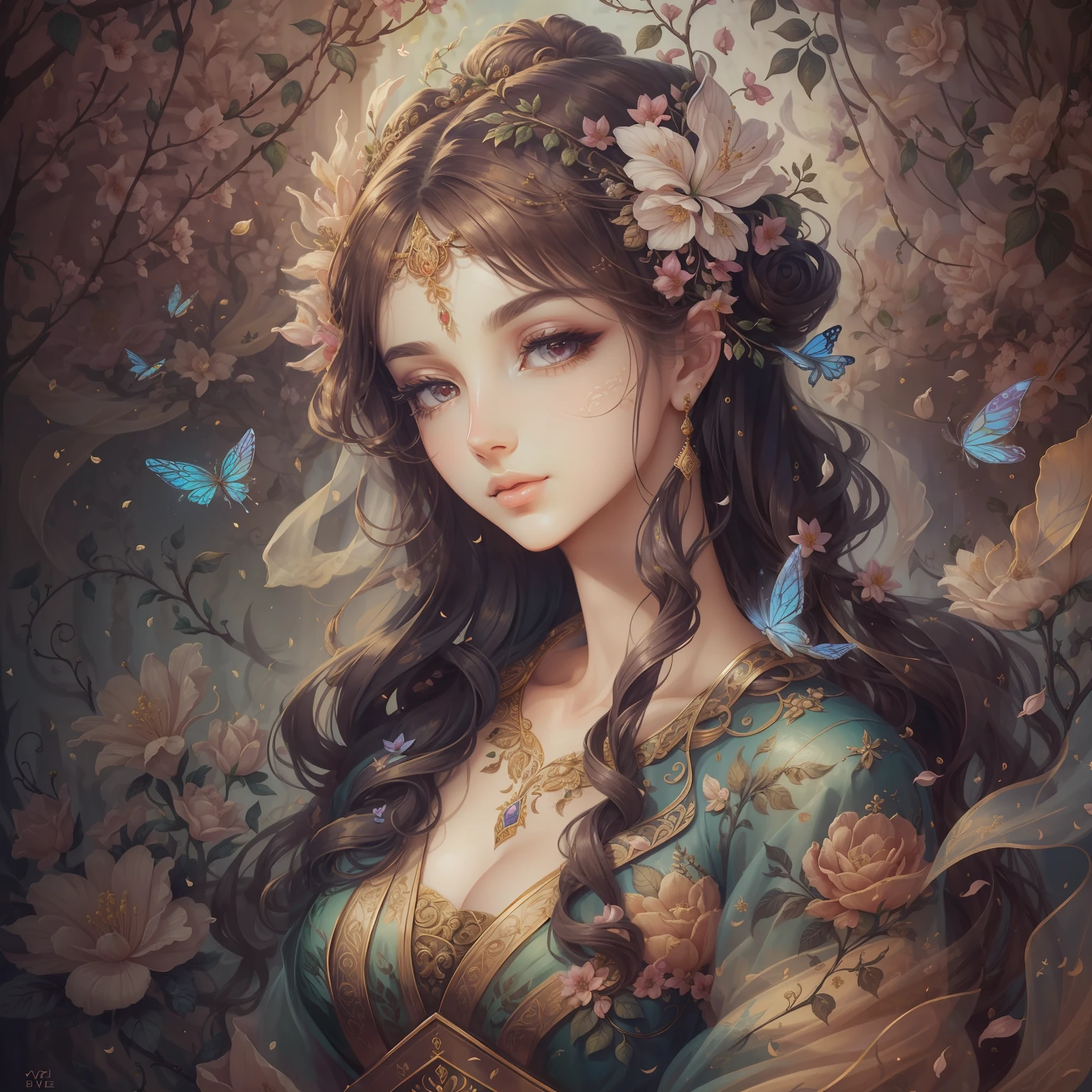 classical aesthetics，Beautiful and meticulous portrayal，High-definition detail，Ancient beauty，The posture is natural，The details stand out，Flowers, vines, butterflys，lovely lips，Revel in the eyes，Flowing, Smooth hair，Beautiful face，Ink painting effect，Natural light