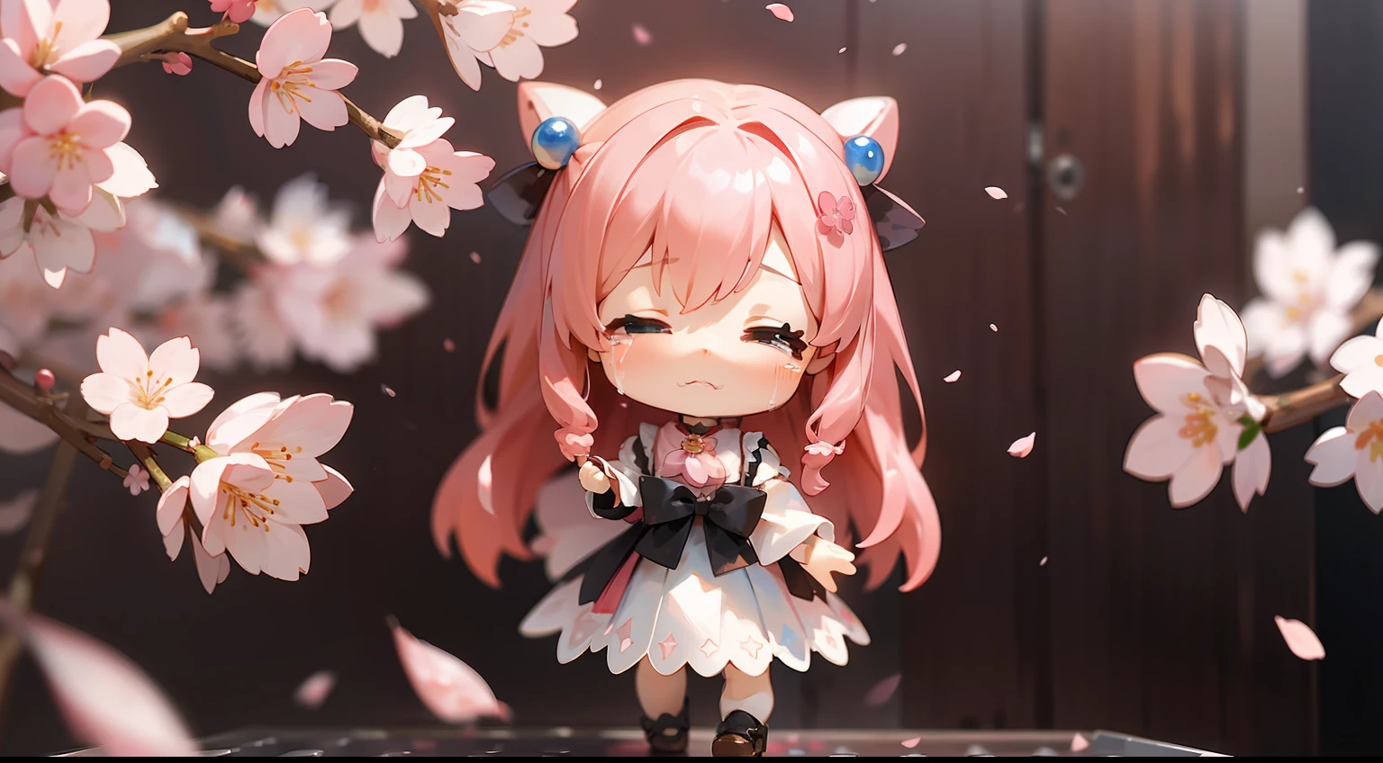 Doll standing in front of the painting、bionde、Crying face、Wiping tears、Close your right eye、Sengai、pixiv、rokoko、dollfie dream、watercolor Nendoroid、(High Definition Figure)、flowing sakura-colored silk、nendroid、highly_Detailed!!,Cherry blossom petals、Flowing cherry blossom silk、season!!: 🌸 ☀ 🍂 ❄