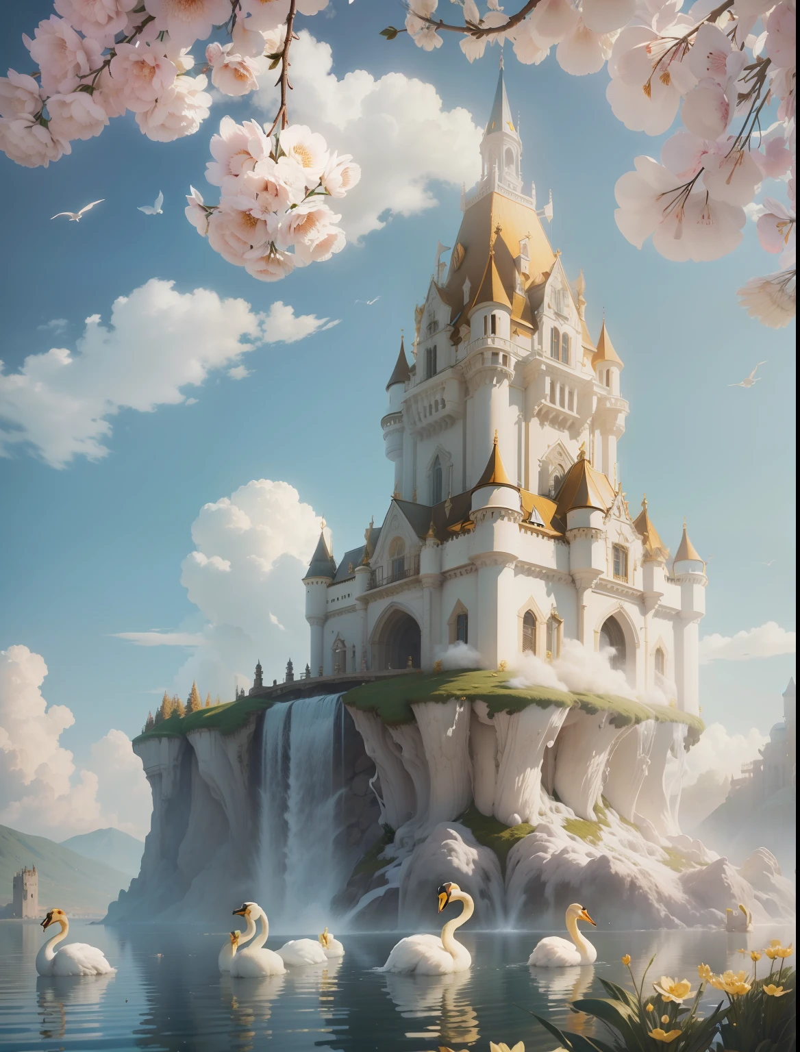 Flowers like castles from a golden spring tower over a beautiful Lady fare, in the spring of eternal youth she bathes her alabaster form to a symphony of trumpeter swans the flay in the sunbeam shy of assure and cotton cloud A extreme 90 meters long shot octane render, high quality hyperdetailed 24k photorealistic