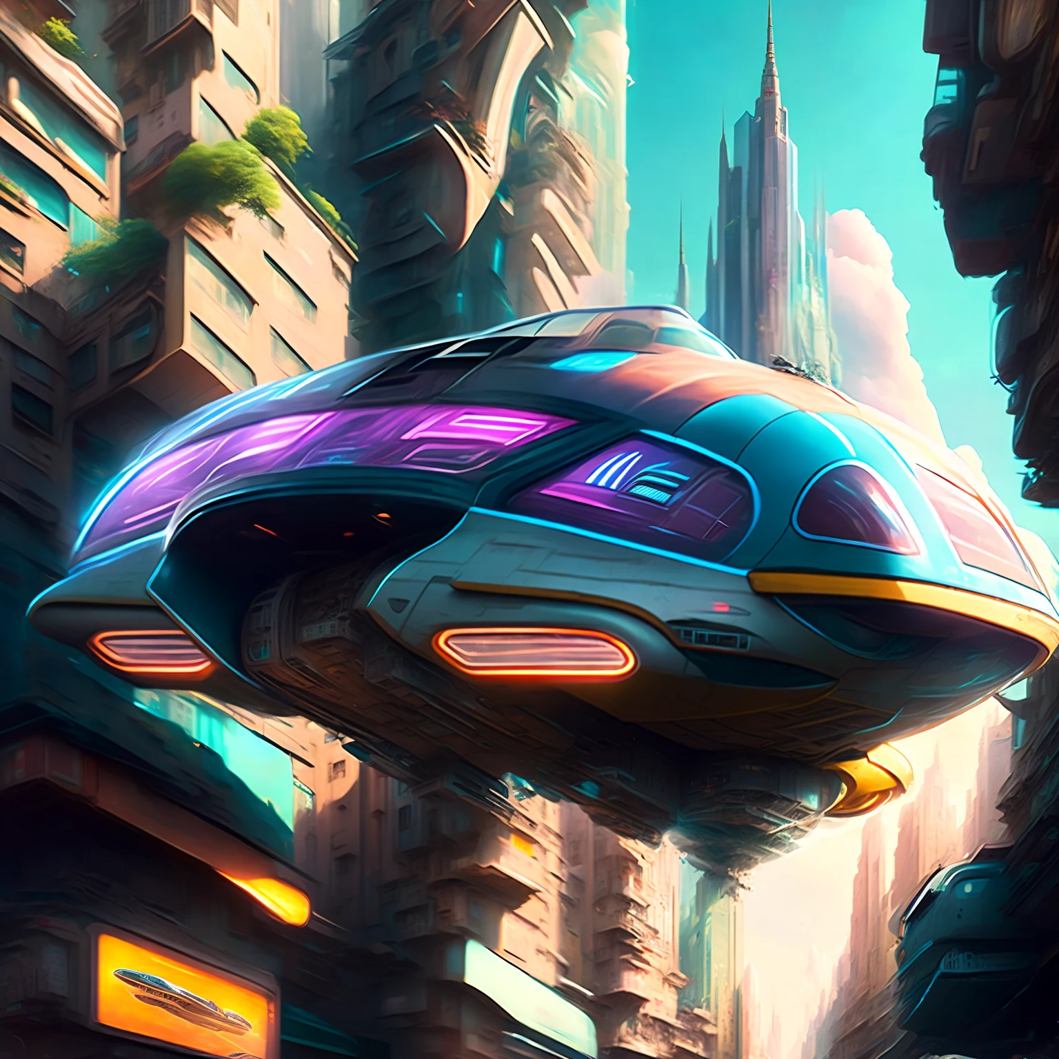 Hover Car in future metropolis, realistic, cinematic, cuberpunk, HOVERCAR STYLE, CAR, FLYING, AIR,CITY, STREET, THROUGH THE AIR, DRIVING, TALL, BUILDING, SCI - FI, CITYSCAPE