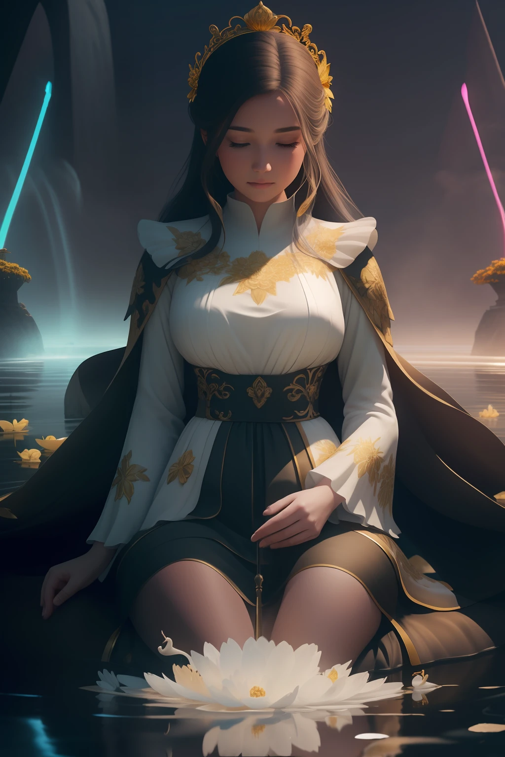 Flowers like castles from a golden spring tower over a beautiful Lady fare, in the spring of eternal youth she bathes her alabaster form to a symphony of trumpeter swans the flay in the sunbeam shy of assure and cotton cloud A extreme 90 meters long shot octane render, high quality hyperdetailed 24k photorealistic