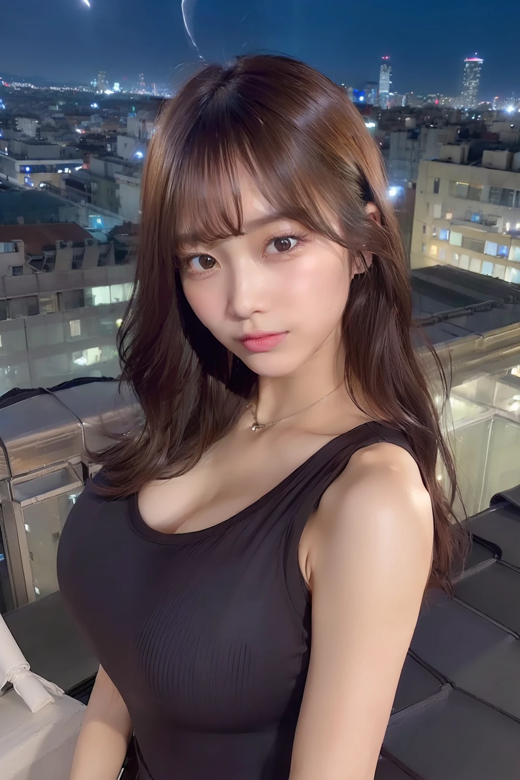 ((mid night、top-quality、8k、​masterpiece:1.3)), full bodyesbian, long legged, foco nítido:1.2, Beautiful woman with perfect body shape:1.4, Slender Abs:1.1, ((dark brown  hair、huge tit:1.3)), (Black tight t-shirt、Jean Bib, is standing:1.2), ((Night City View、On the rooftop:1.3)), Highly detailed facial and skin texture, A detailed eye, 二重まぶた