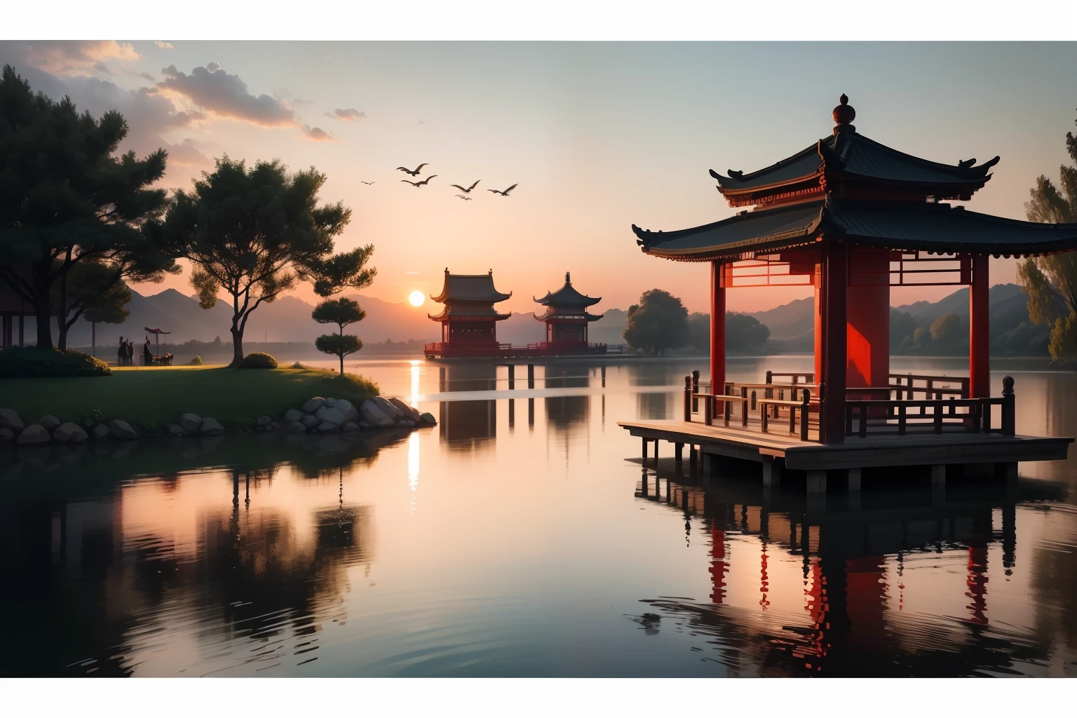 tmasterpiece,illustration,The sunset is shining,Several wild geese flew in the air,There is an old Chinese pavilion building by the water,The water is calm;