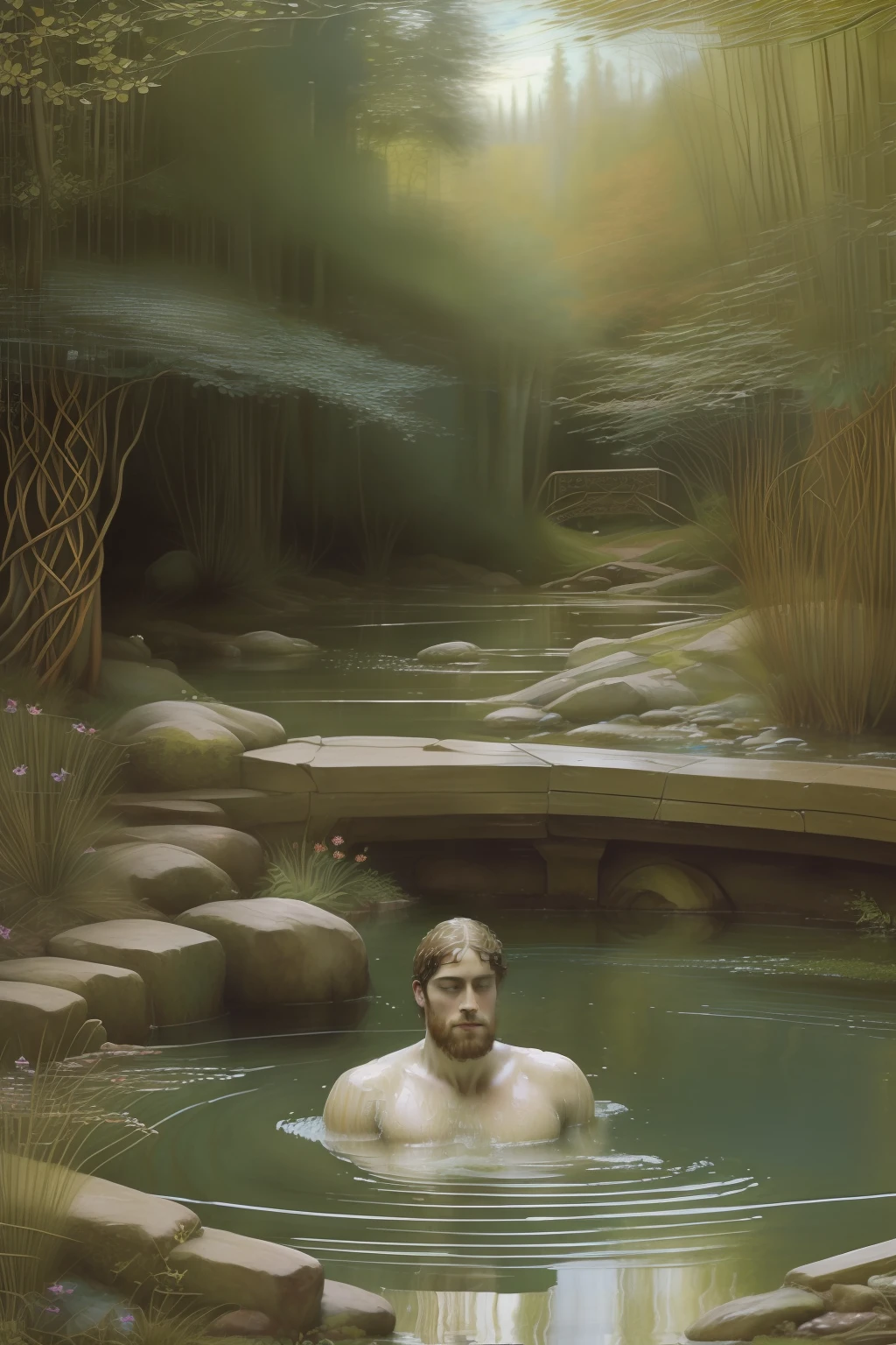 (((Pre-Raphaelite Celtic painting: Man bathes in the healing waters of a sacred spring, Floresta encantada, paisagem irlandesa)))