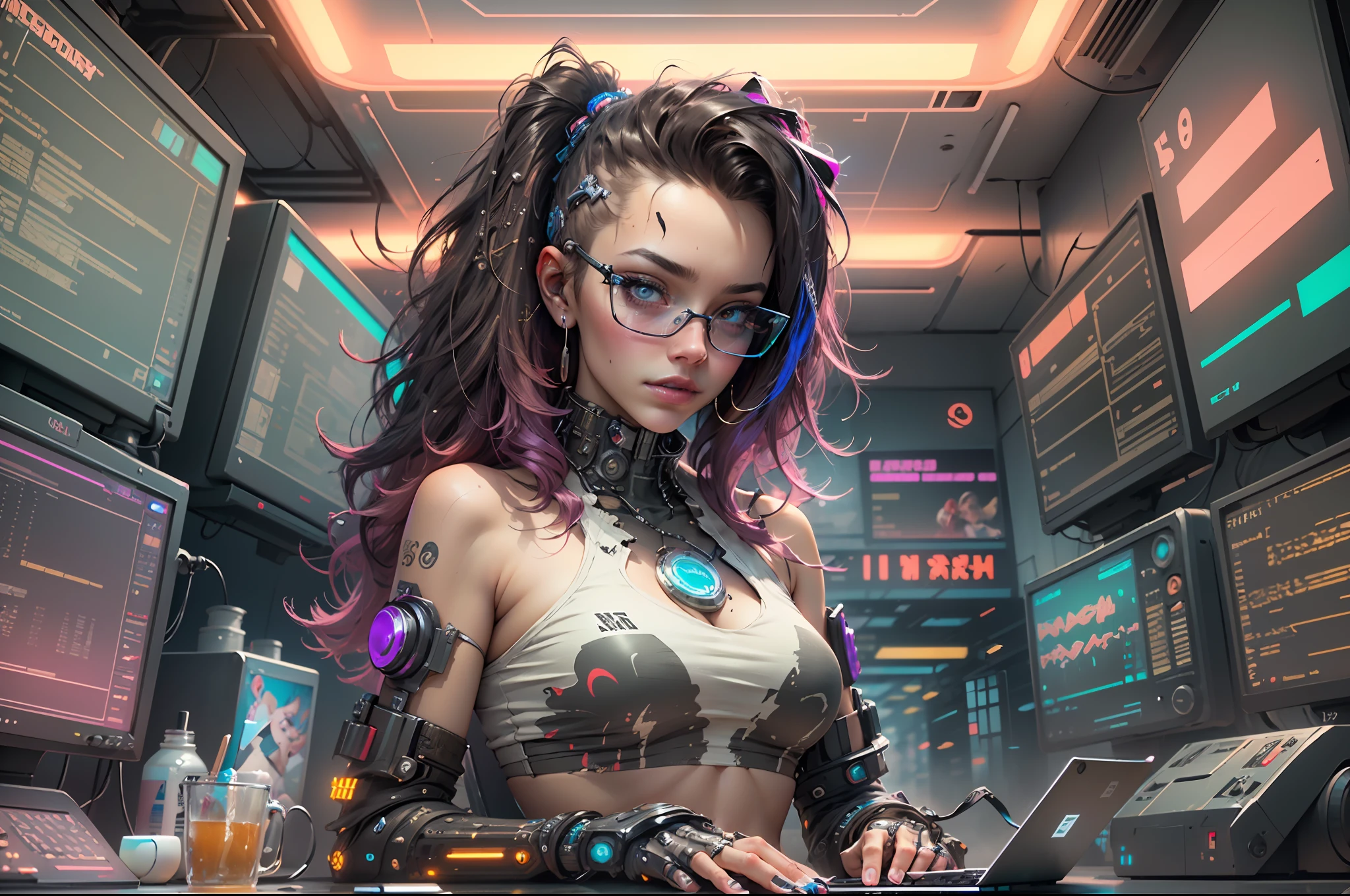 ((Best quality)), ((masterpiece)), (highly detailed:1.3), 3D, beautiful (cyberpunk:1.3) hacker woman with thick voluminous hair operating a computer terminal