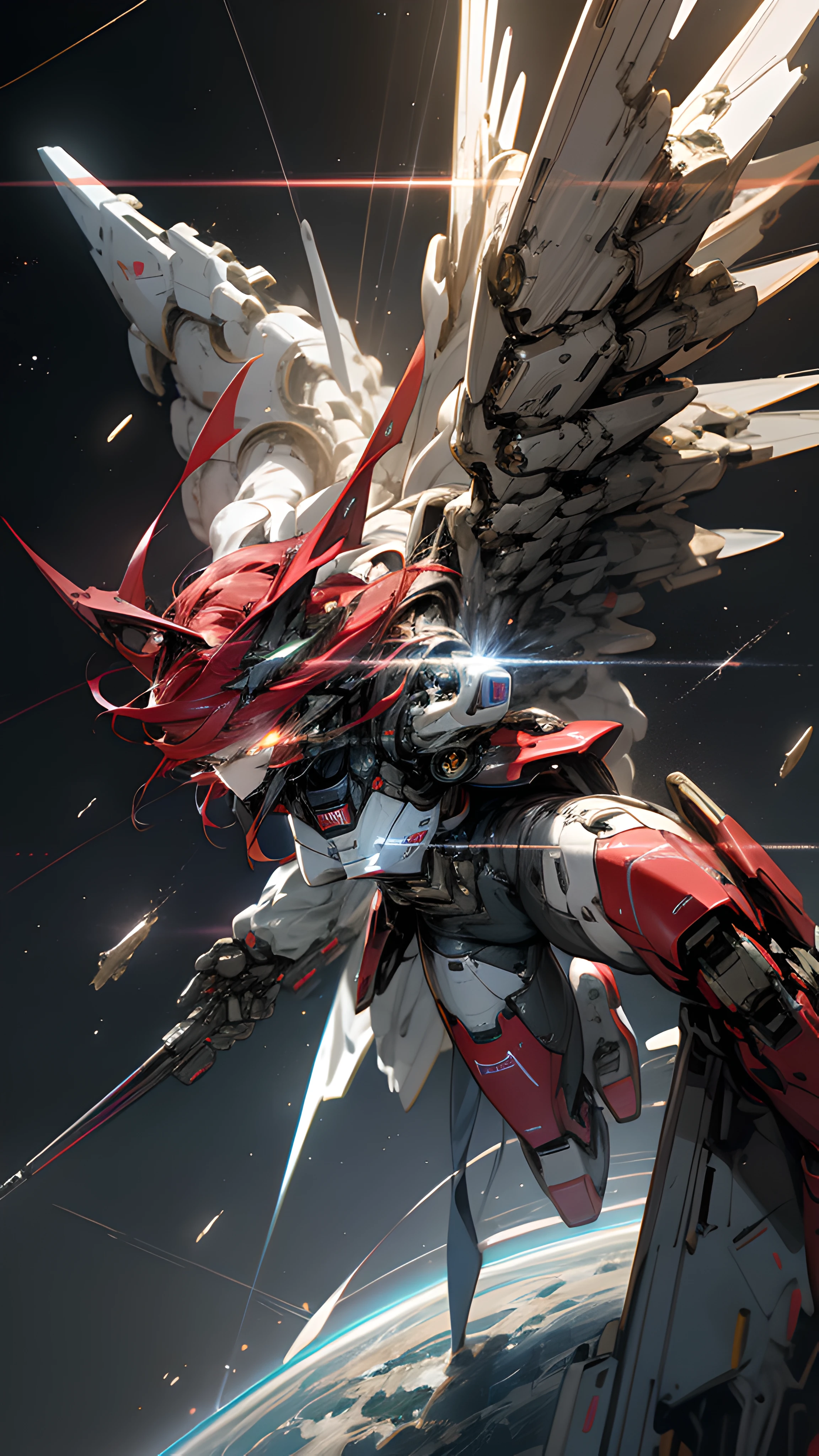 In space,Huge planet,Starcloud,holdingweapon,without humans,with light glowing,(female mecha:1.2),female android,giant mechanical wings,Mecha wings,(Flying in space:1.3),Comet fragments(Comet fragments:1.1),glowing light eyes,red color mecha,(red color mecha:1.1)scientific fiction,space,Realistis,mechs,Milky Way Galaxy background,neonlight,Combat posture,cyber punk perssonage,wallpaper hd,CG art --auto