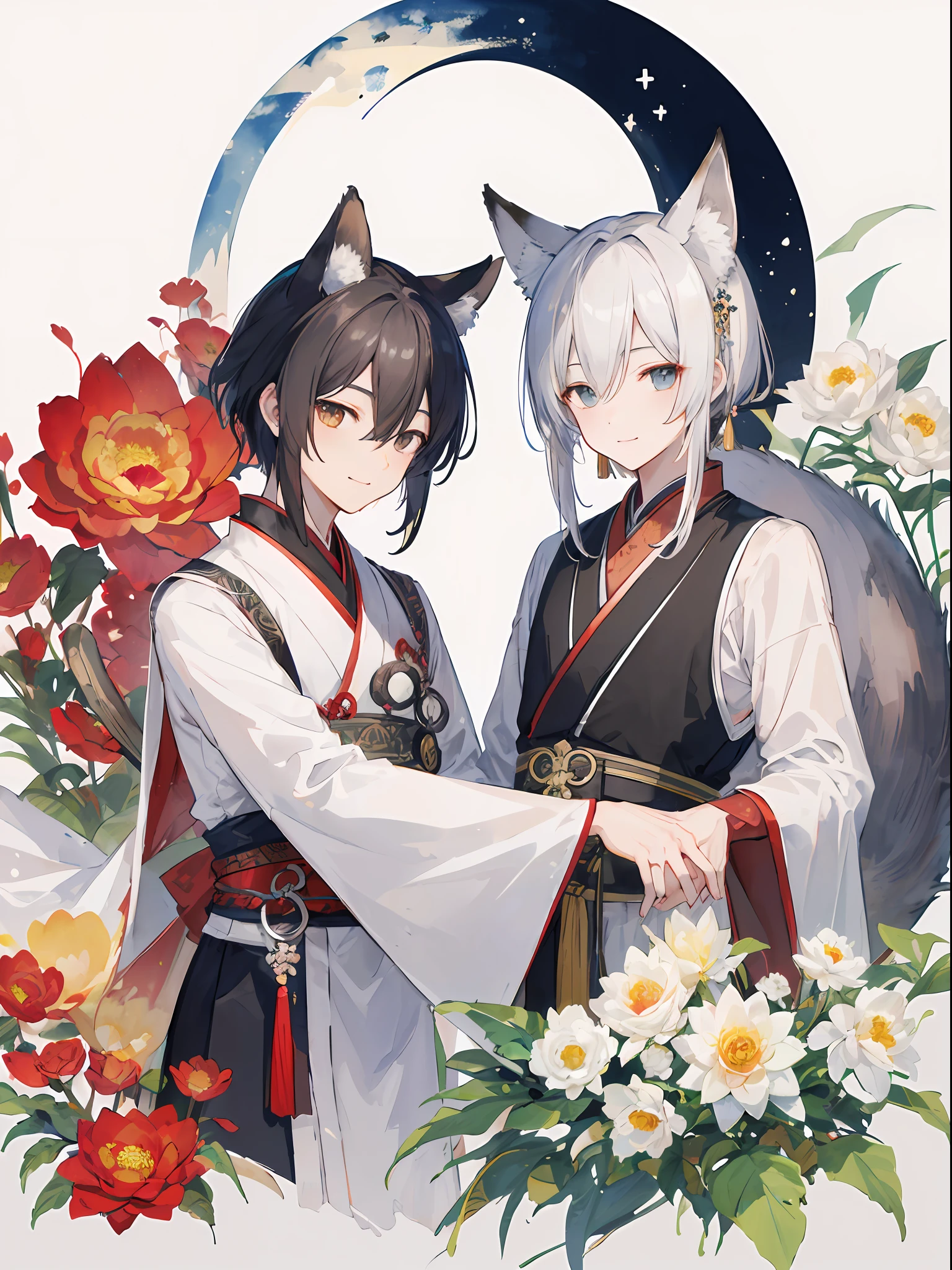 ((4K、masterpiece、top-quality))、(Two men smiling face to face)、Gray-haired man with beautiful fox ears、Armin、Strong man with black hair with wolf ears、Alvin、ink and watercolor painting、Traditional Chinese Ink Painting、lotuses、Hanfu、Maxi Kit、Dress conservatively、Animal ears,、bule、florals、Lots of flowers nearby、shenron、extra detailed face