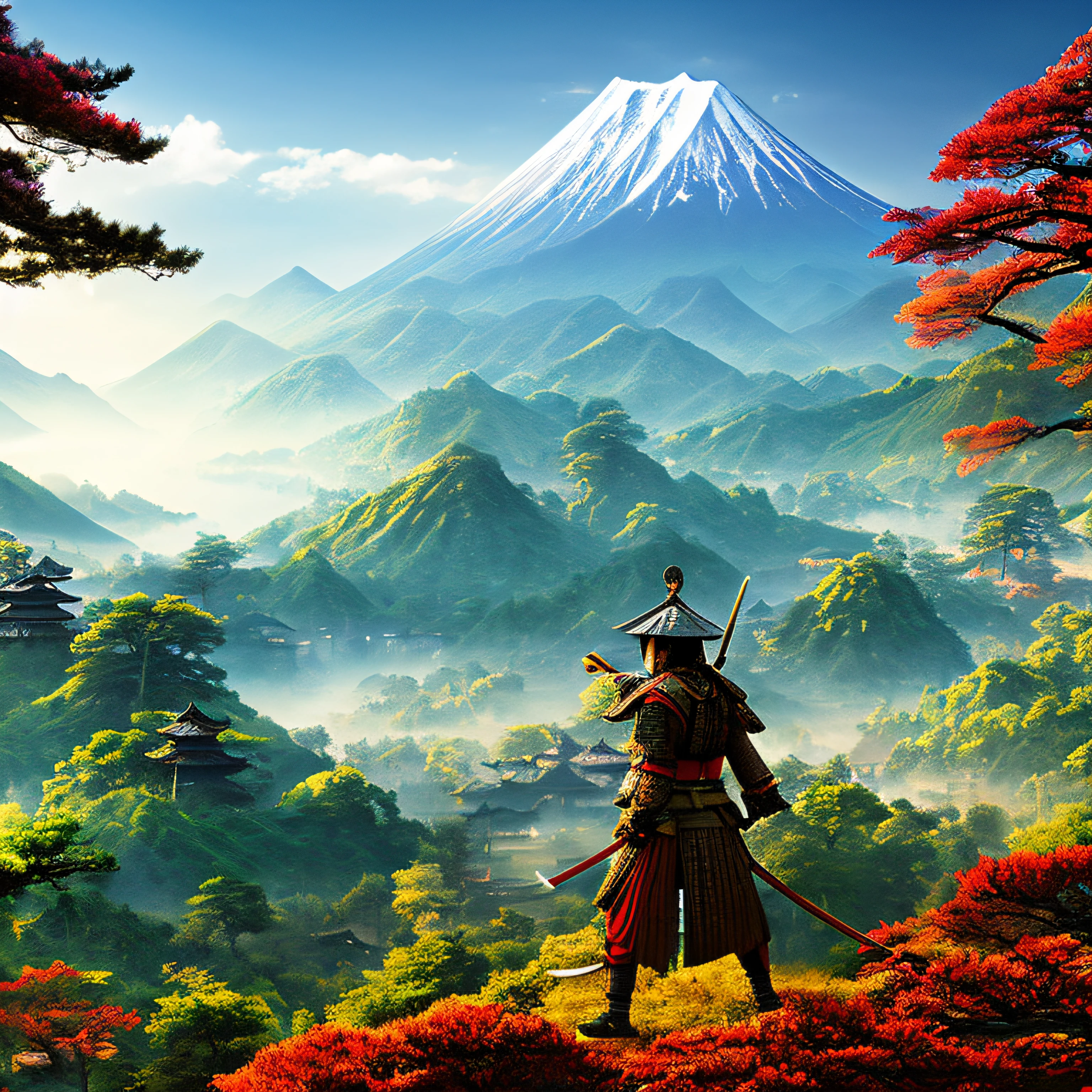 Samurai in Japanese epic scenery Fight scene illustration modern digital art 8k