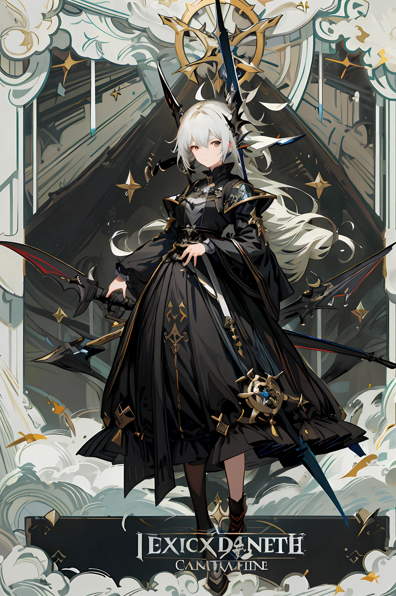 Anime character with sword and armor standing in front of a clock, cushart krenz arte chave feminina, de Arknights, arte chave detalhada do anime, arte do artbook, trending on artstation pixiv, Arknights, divindade de cabelos brancos, arte oficial altamente detalhada, estilo shadowverse, anime fantasy illustration, de meninas da linha de frente, Guweiz em Pixiv ArtStation