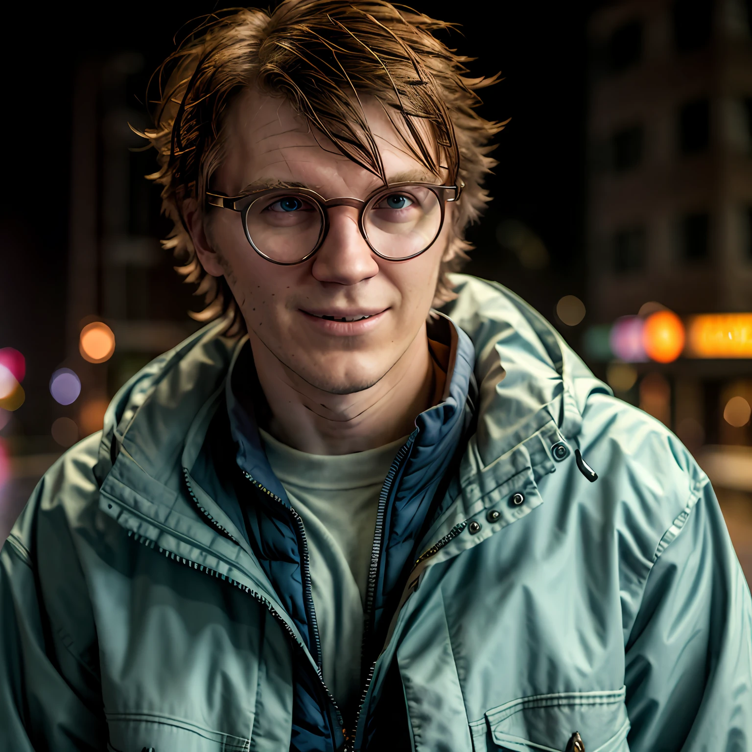 a young man standing in an dishevelled jacket, Messy hair, downtown on a rainy midnight, Upper body, Close up, thin frame glasses, (side looking:1.3), [evil grin smile], dishevelled, malicious expression, candid, amator, (primitive, 8K, hyper HD, Fujifilm XT3), Sharp, ominous lighting,