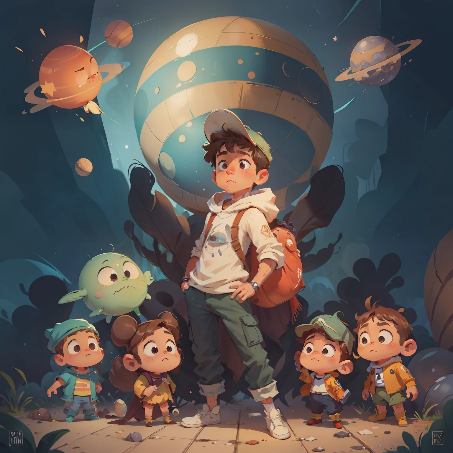 personagem dos desenhos animados de um menino de seis anos cabelos pretos roupa de astonauta com capacete de visor, roupa espacial branca, in space with planets, stars and asteroids with different poses and poses;, arte conceitual dos desenhos animados, design de personagem muito estilizado, design de personagem estilizado, design de personagem altamente detalhado, arte infantil em artstation, design de personagens, estilo de personagem disney, arte conceitual de menino solteiro, design de personagem animado, design de personagem de alta qualidade, character exploration, grande design de personagem, In the Disney animation style, Character illustration