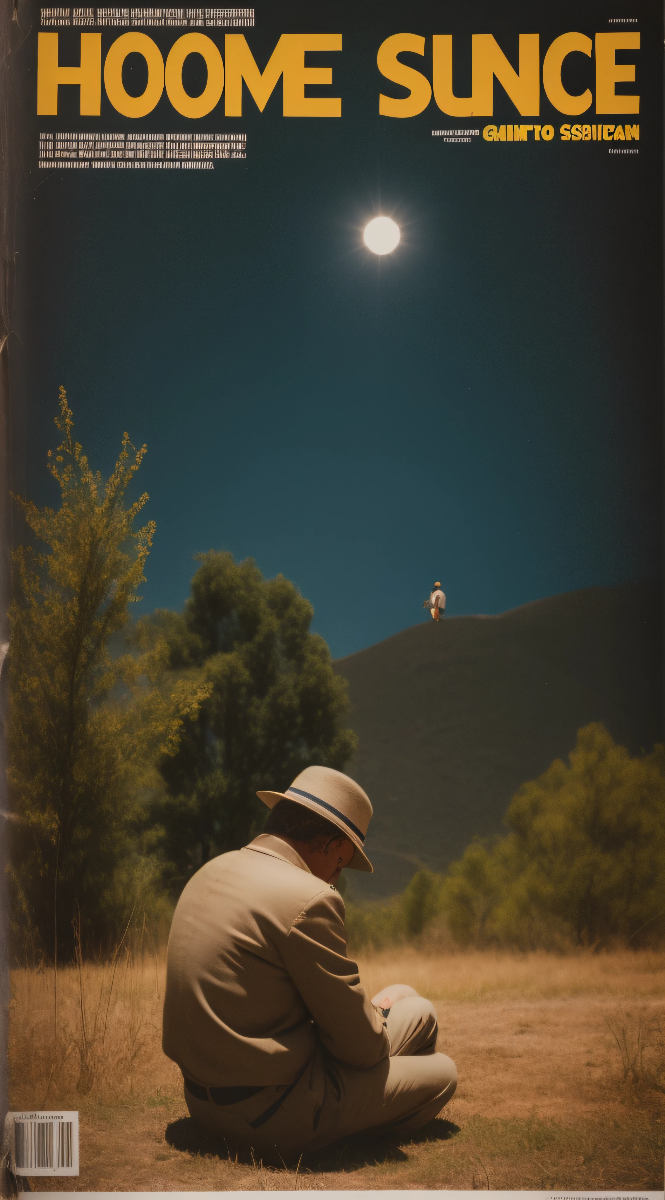 homem melancolico, sitting on ground, back vision, Vision from afar, Revista Scifi, Recortes de revistas dos anos 50, surrealismo, Vindima do Futuro, scientific fiction, cores fortes, foto do filme, Grain, 35 mm, Eduardo Hopper