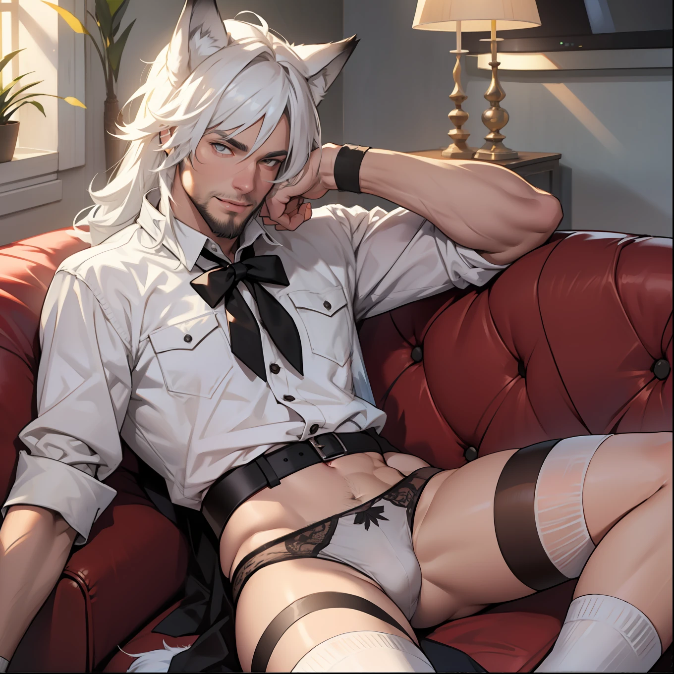 Male with light beard, flowing white hair, has wolf ears, has wolf tail, , happy, playful, sitting on couch watching tv, wearing panties, wearing stockings, wearing lingerie, wearing thigh high socks