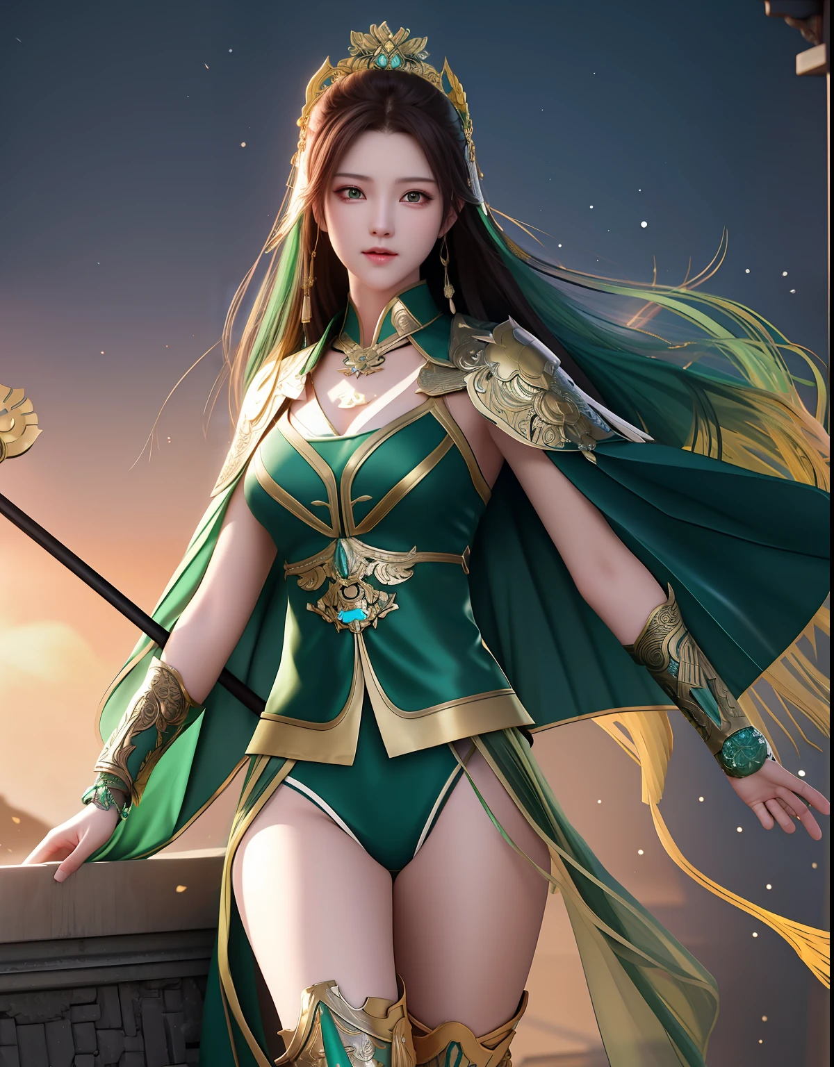 best quality, masterpiece, high resolution, 1girl, ancient chinese battlefield background, metal armor, cape, metal collar, ancient spear, hair ornament, necklace, jewelry, beautiful face, upon_body, tyndall effect, realistic, dark studio, edge lighting, duotone lighting, (high detail skin:1.2), 8k ultra hd, DSLR, soft lighting, high quality, volumetric lighting, frank, photos, high resolution, 4k, 8k, bokeh, emerald green bikini armor, Ancient metal spear, chest embroidered phoenix, metal cuirass, tight, bare arms, weapons, short bracers, stockings, weapons