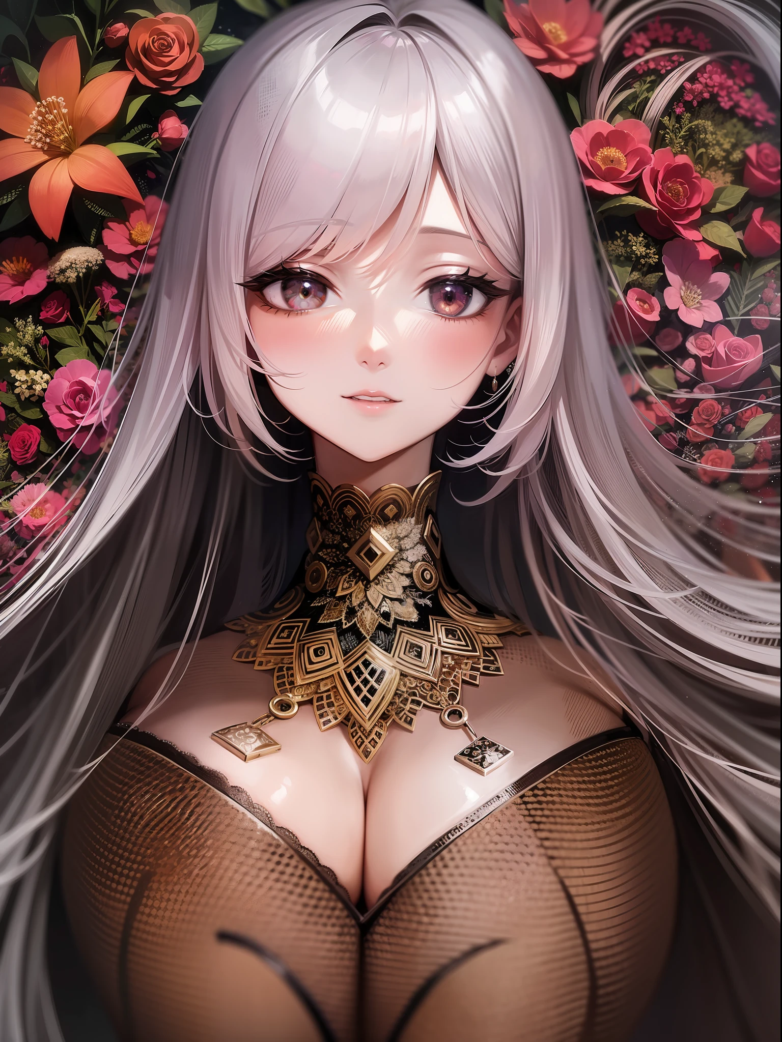 Official Art、unity 8k wall paper、ultra-detailliert、Beautifully Aesthetic、Beautuful Women、Transcendent huge bust、masterpiece、top-quality、(Zentangle、a Mandala、Tangle、Entangle)、(ecstasy of flower:1.2) Dynamic Angle、Cowboy Shots、The most beautiful forms of chaos、elegent、Brutalist design、vivd colour、romantism、atmosphere