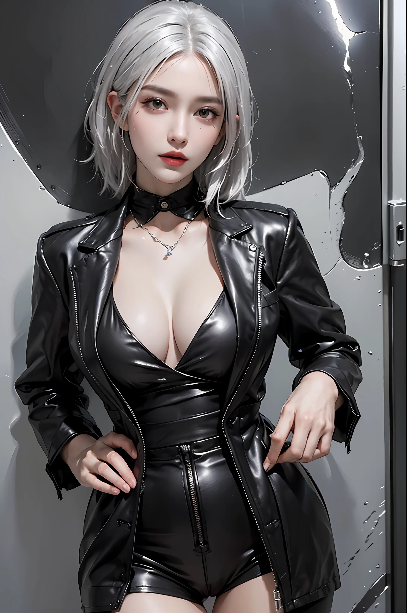 photorealistic, high resolution, 1women, solo, hips up, look at viewer, (detailed face), white hair, black business suit, mafia, tattoo, jewelry