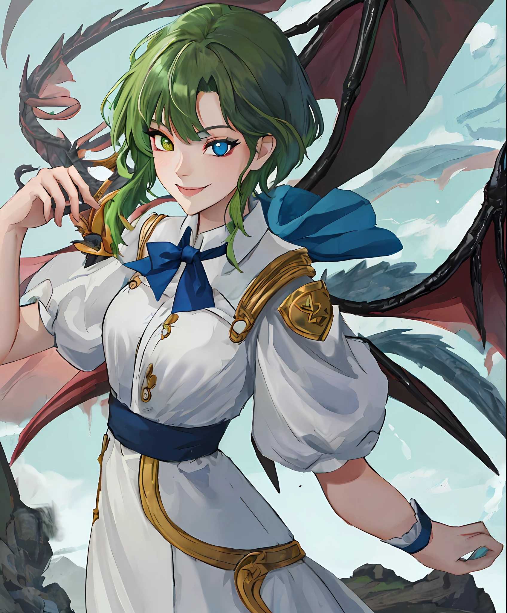 (masutepiece, Best Quality, absurderes), 1girl in, Solo, solofocus, wyvern,Dragon Child,  bowtie,  Short hair, Green hair, Heterochromia, Redeye, Blue Eye,a smile,Standing