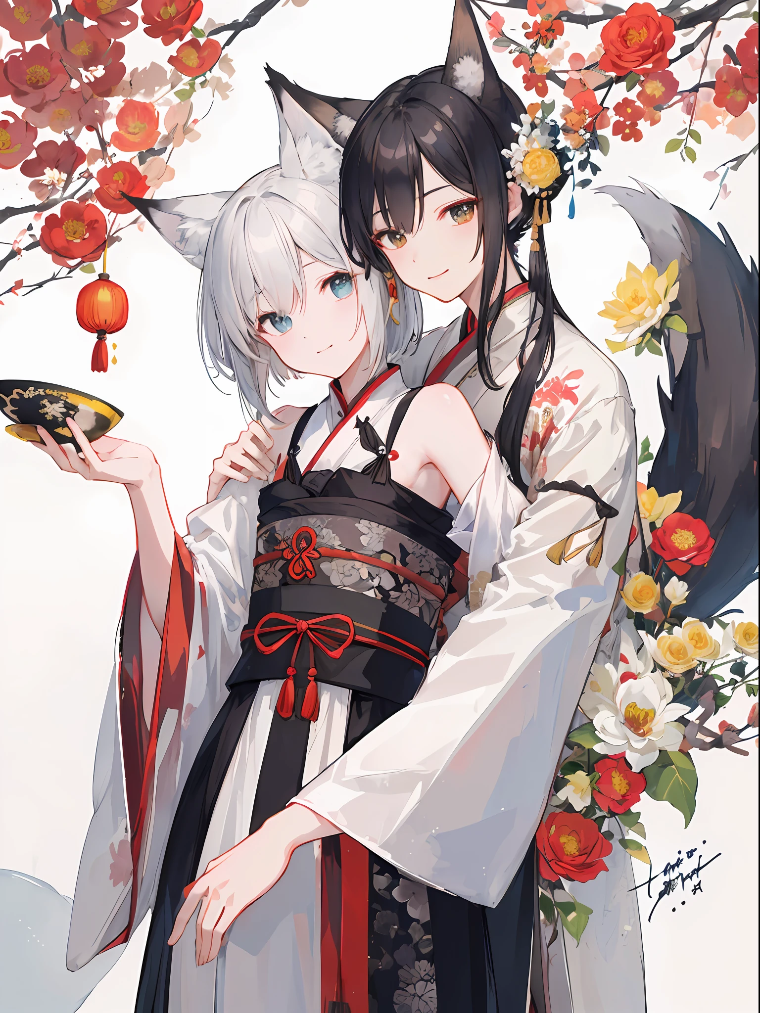 ((4K、masterpiece、top-quality))、(Two men smiling face to face)、Gray-haired man with beautiful fox ears、Armin、Strong man with black hair with wolf ears、Alvin、ink and watercolor painting、Traditional Chinese Ink Painting、lotuses、Hanfu、Maxi Kit、Dress conservatively、Animal ears,、bule、florals、Lots of flowers nearby、shenron、extra detailed face