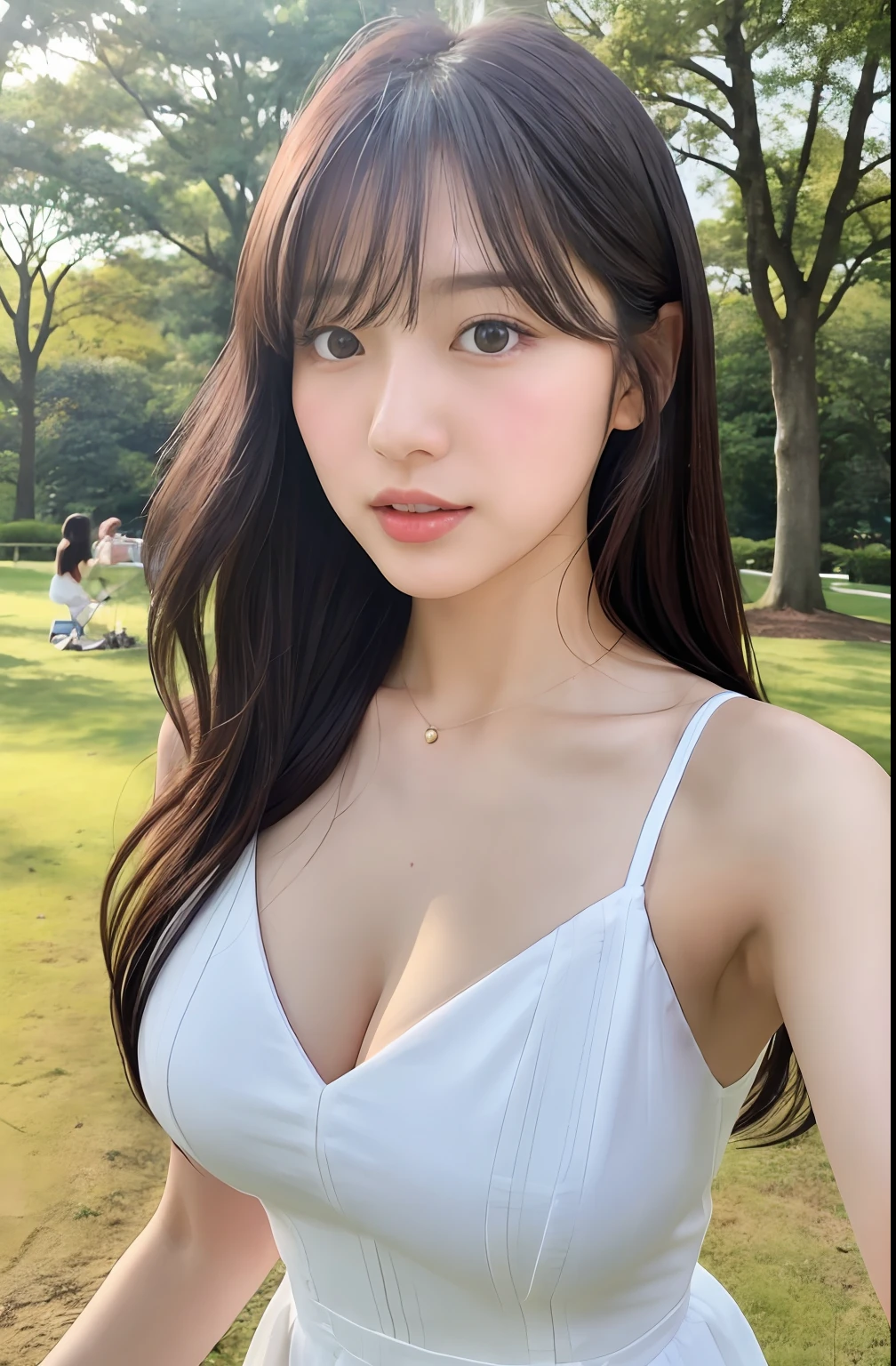 Close up portrait of a woman walking in a park wearing a white dress、Japan Person Model、Young Sensual Gravure Idol、Young cute gravure idol、Realistic Young Gravure Idol、Realistic sensual gravure idol、Young gravure idols、sophisticated gravure idol、奈良美智、Young skinny gravure idol、beautifull asian girl ever、oppai