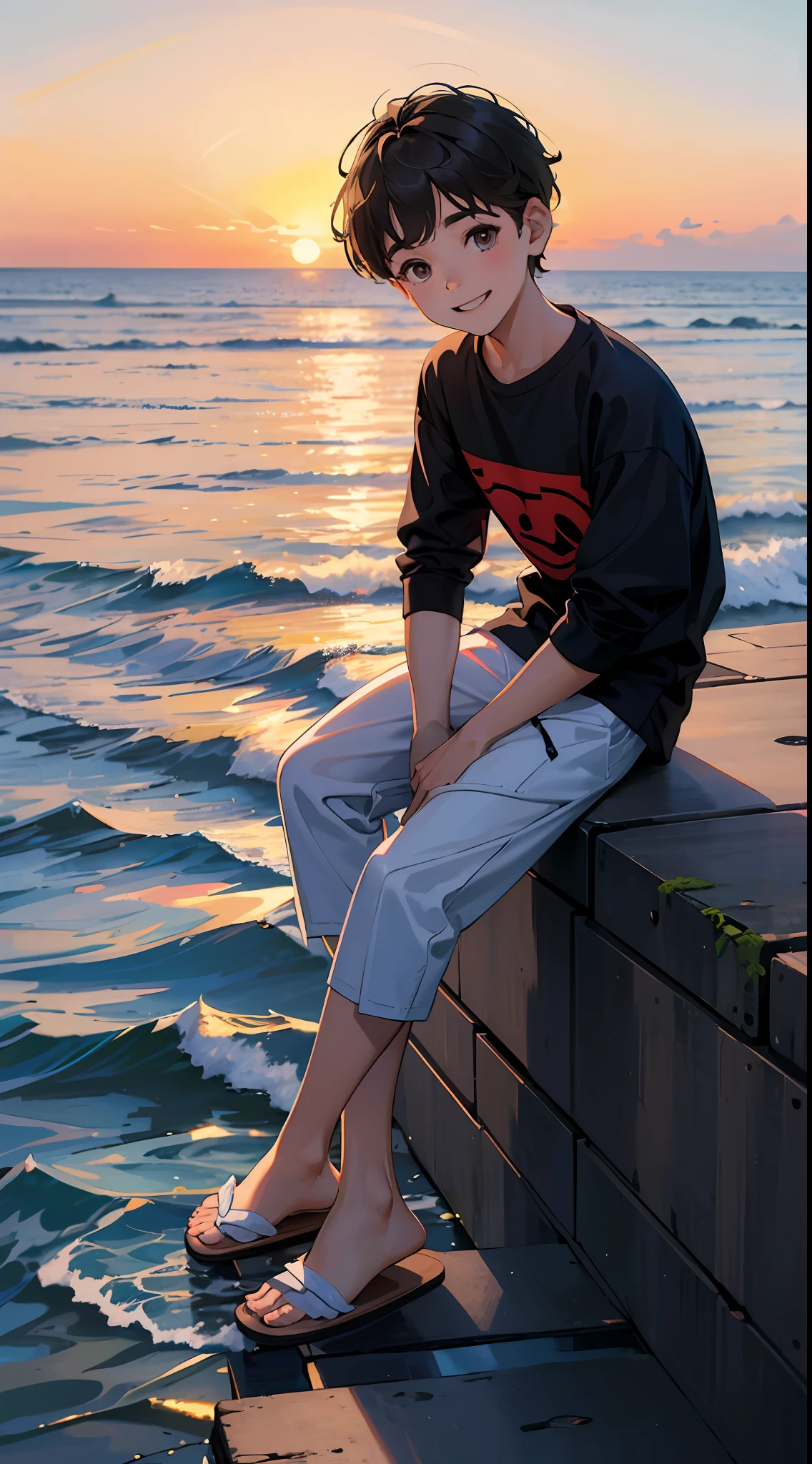 A happy little boy,Dressed in casual attire,Wear slippers,Sit on the reef,The background is the sea,There is a cute little dog next to it,Sunset and sunset,Face the camera,Full body photo,Ultra-high definition