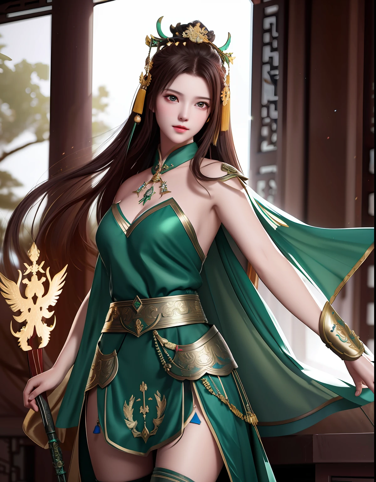 best quality, masterpiece, high resolution, 1girl, ancient chinese battlefield background, metal armor, cape, metal collar, ancient spear, hair ornament, necklace, jewelry, beautiful face, upon_body, tyndall effect, realistic, dark studio, edge lighting, duotone lighting, (high detail skin:1.2), 8k ultra hd, DSLR, soft lighting, high quality, volumetric lighting, frank, photos, high resolution, 4k, 8k, bokeh, emerald green bikini armor, Ancient metal spear, chest embroidered phoenix, metal cuirass, tight, bare arms, weapons, short bracers, stockings, weapons