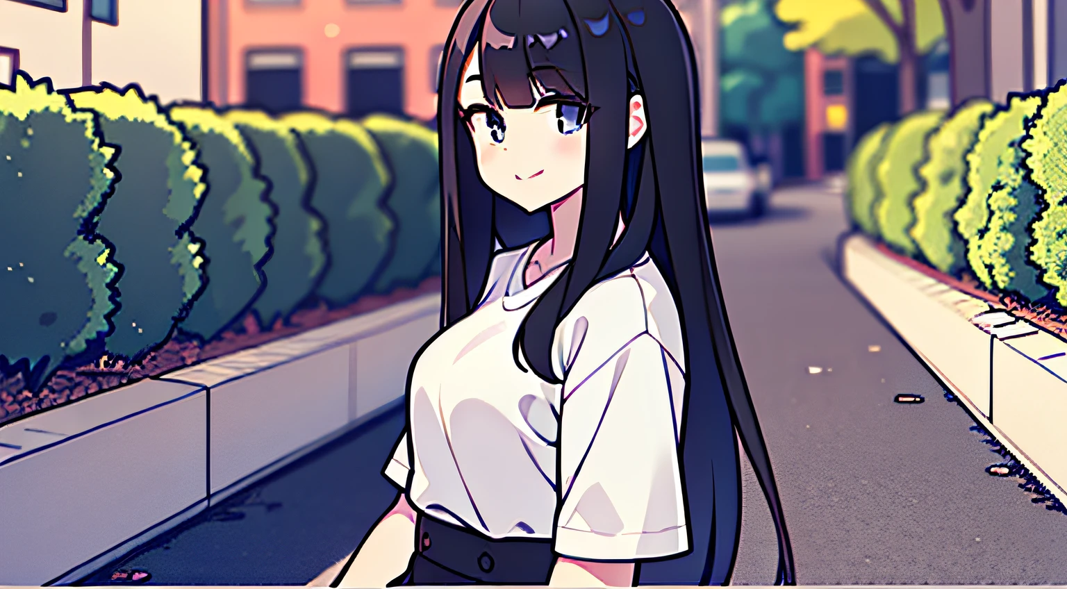 a pregirl,black hair longhair,ssmile,Black colored eyes,CasualClothing,sitted