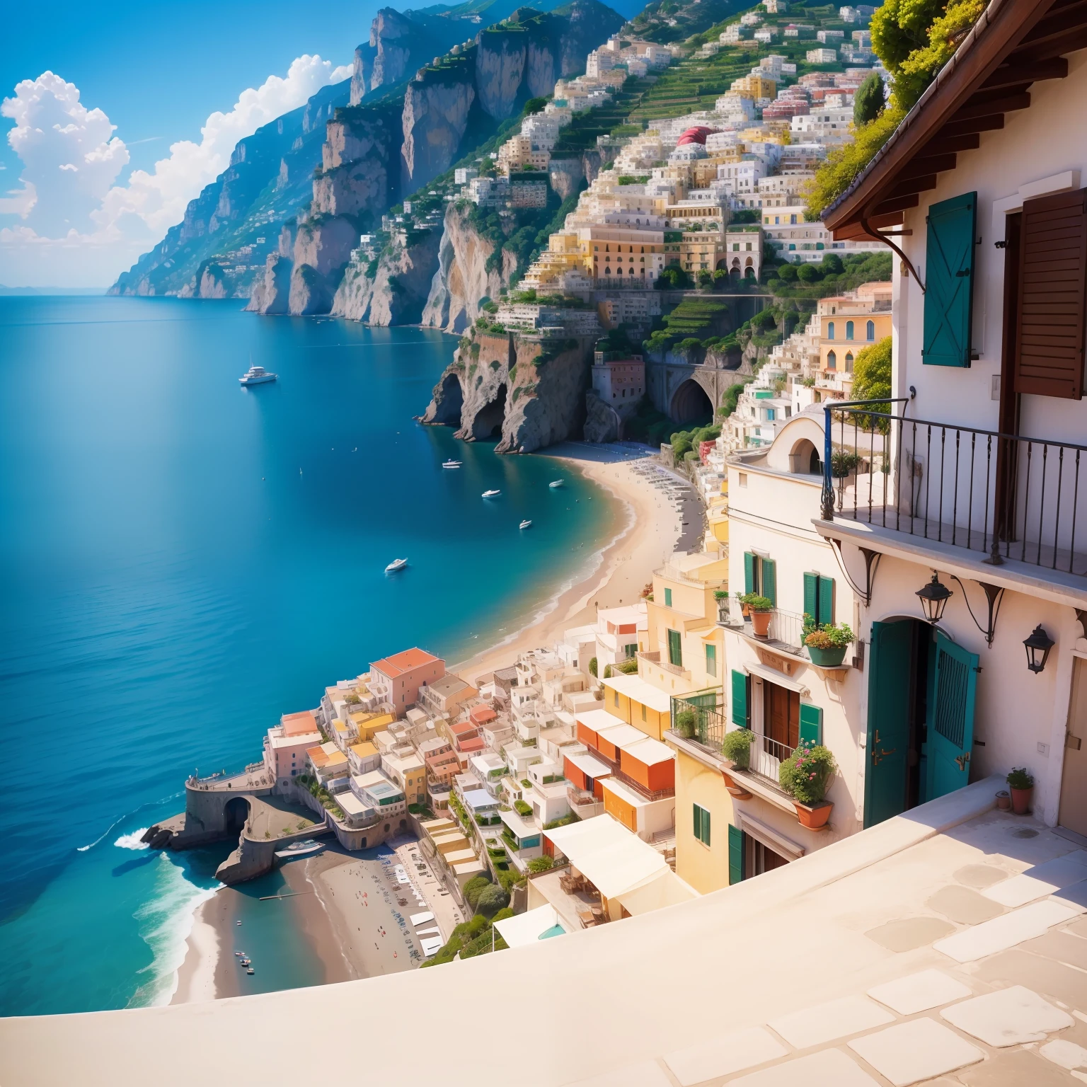 Amalfi、(View from a boat on the sea)、Blue Sea、blue open sky、colorful house々、Panoramic landscape