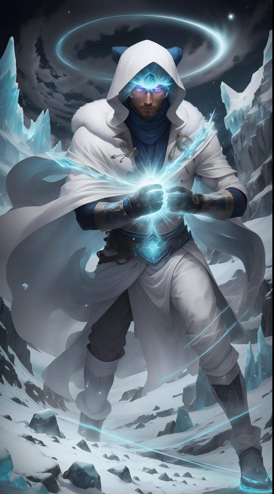 (Ultra resolution 8L), "Espectro Polar": A mystical figure shrouded in a halo of dazzling polar light. His suit radiates the colors and beauty of the Arctic, con tonos de blanco y azul helado que parecen danzar en el viento. Cada paso que da deja una huella brillante de hielo, and his penetrating gaze is full of ancestral wisdom.The Polar Spectre Hero controls the elements of cold and ice with dexterity, congelando enemigos en su camino y forjando armas de hielo en un abrir y cerrar de ojos. Su presencia es un recordatorio majestuoso del poder de la naturaleza y la magia polar, mientras lucha por la justicia y protege el equilibrio de la tierra.