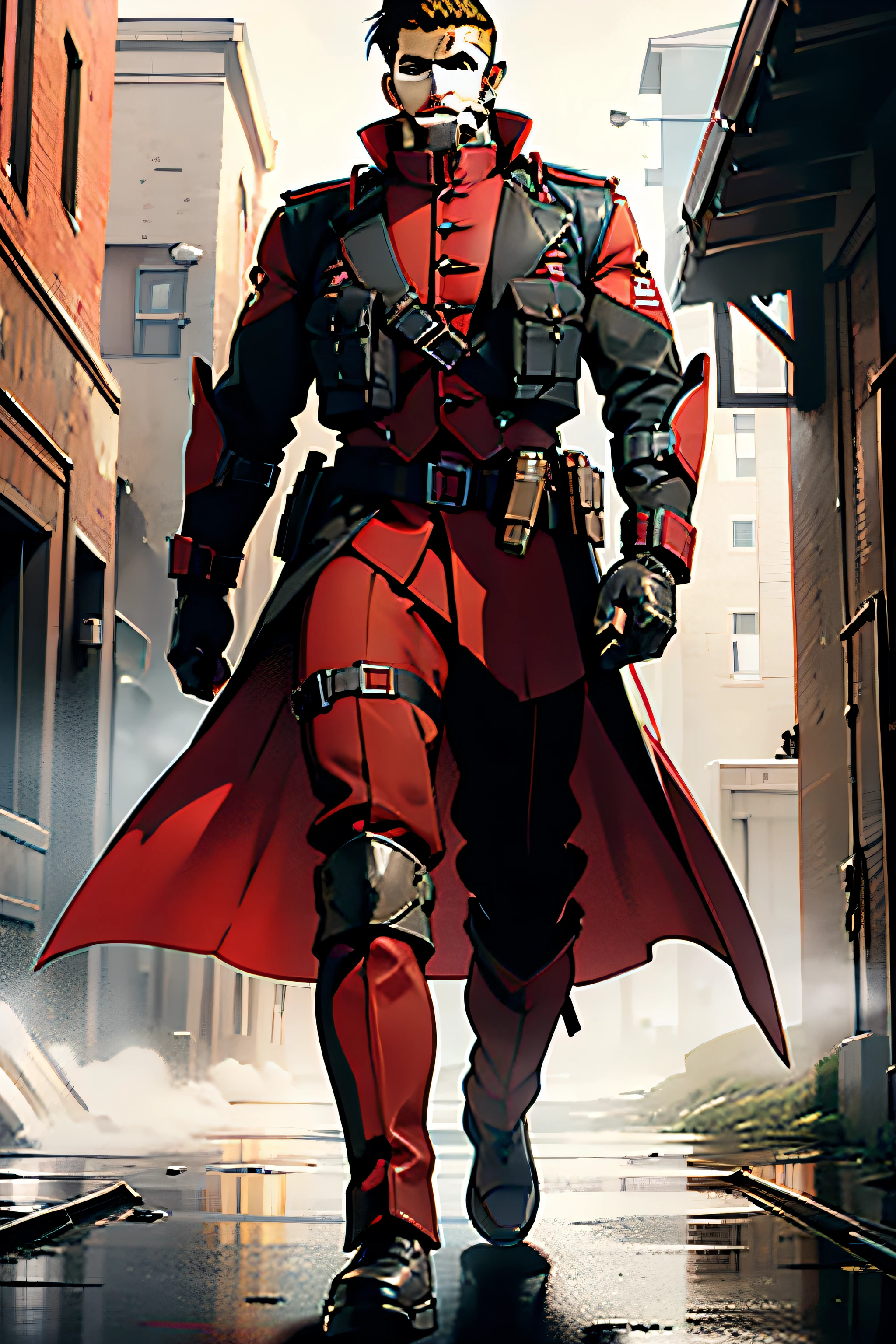 Crimson trench coat,Future imperial military style,World War I soldier costume,Equipment for future soldiers,Tactical belt,Light bulletproof vest,burly build,male people,Technologie,short detailed hair,Front-line commander,Dressed in red leather armor