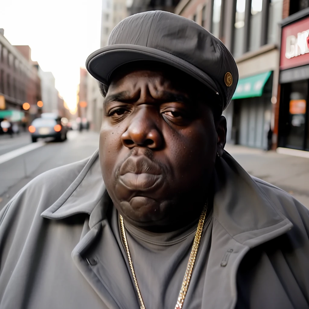 RAW photo, (60 years old:1.4) biggie smalls on streets of brooklyn, full body shot, (wrinkles, grey hair:1.4), high detailed skin, 8k uhd, dslr, soft lighting, high quality, film grain, Fujifilm XT3