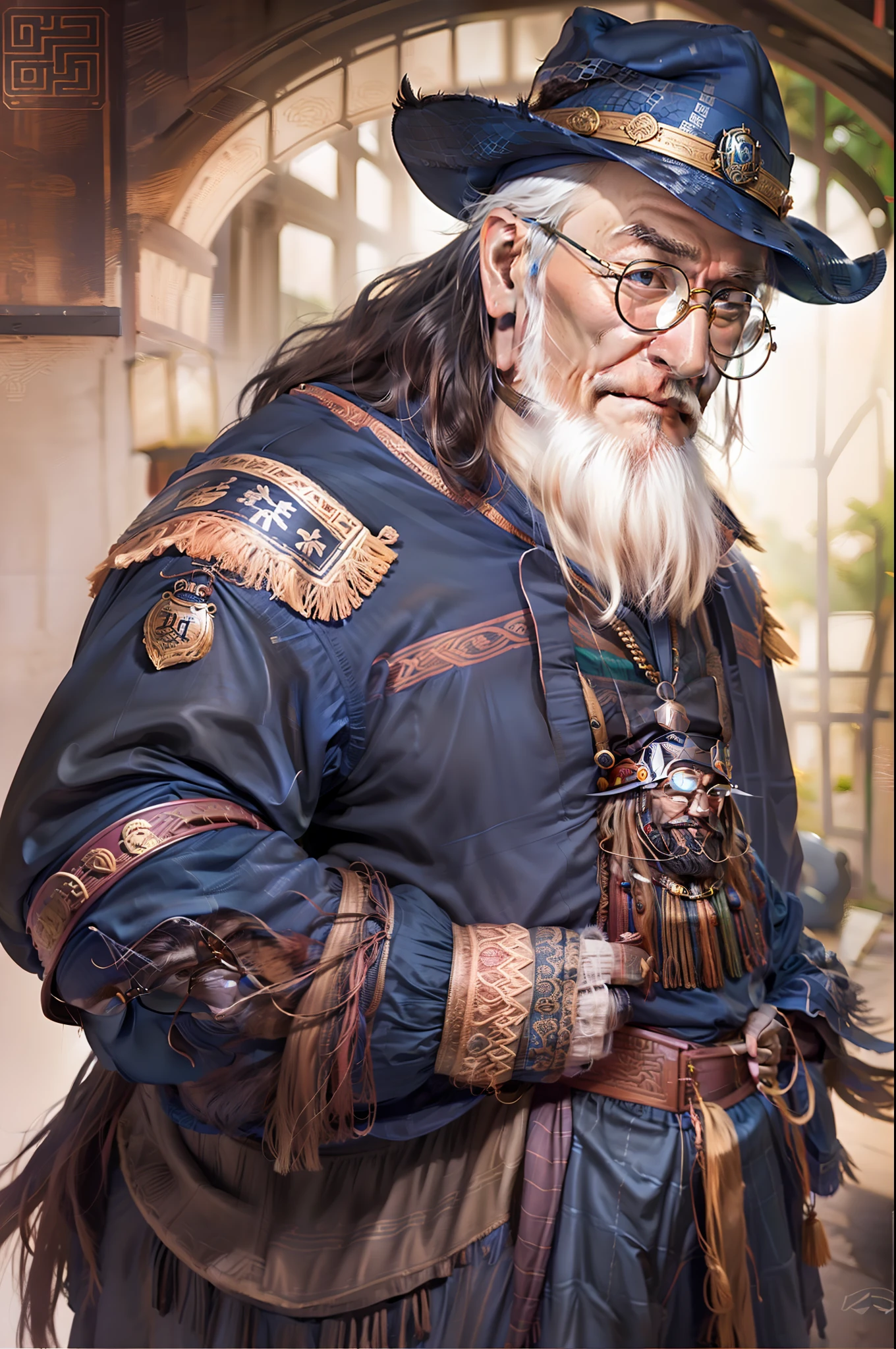 Man，dumbledore，a old man，Big chest，wearing an outfit，Wearing Chinese dragon armor，Wearing a crocodile head hat,muscle men ,Wear half-moon glasses