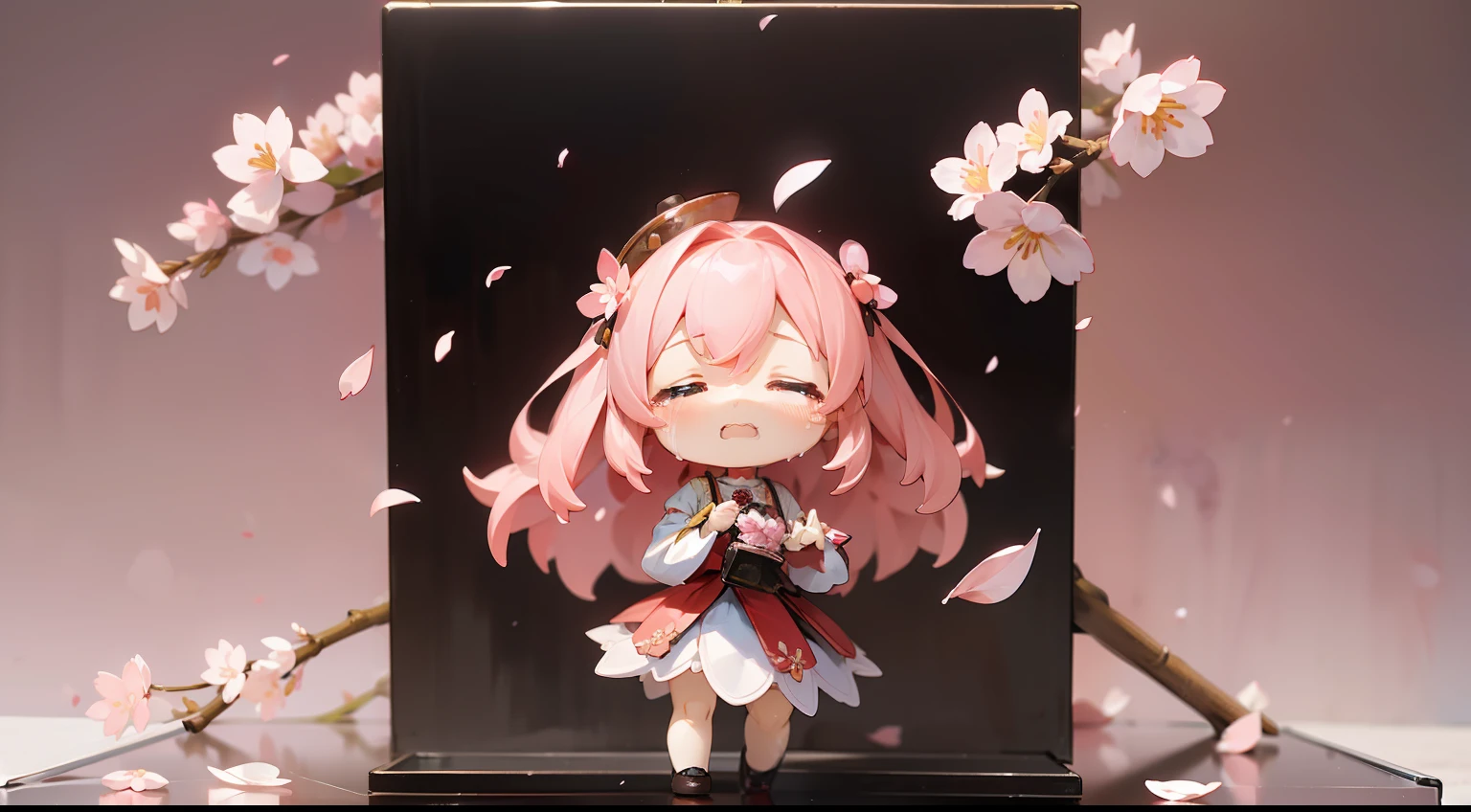 Doll standing in front of the painting、bionde、Crying face、Wiping tears、Close your right eye、Sengai、pixiv、rokoko、dollfie dream、watercolor Nendoroid、(High Definition Figure)、flowing sakura-colored silk、nendroid、highly_Detailed!!,Cherry blossom petals、Flowing cherry blossom silk、season!!: 🌸 ☀ 🍂 ❄