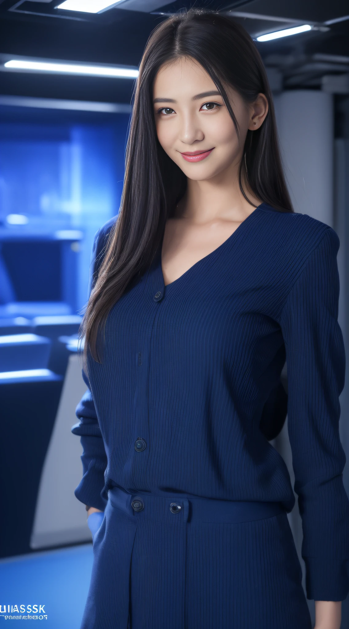 ((top-quality、8K、​masterpiece:1.3))、sharp:1.2、Perfect Body Beauty:1.4、Slim abs:1.2、Big、Beautiful face、A smile、((businesswoman:1.3))、(Blue lighting、server room:1.2)、Straight hair、Highly detailed facial and skin texture、A detailed eye、Aspect of looking at the camera、portlate