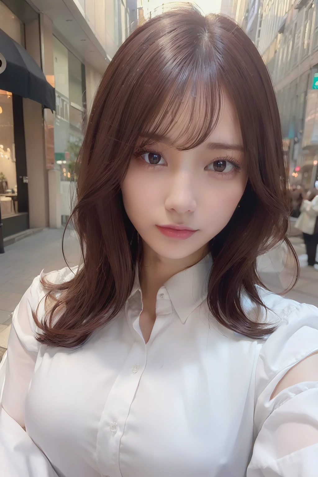 ((Best quality, 8k, Masterpiece :1.3)), Sharp focus :1.2, A pretty woman with perfect figure :1.4, Slender abs :1.2, ((Dark brown hair, Big breasts :1.2)), (White button up long shirt :1.1), City street:1.2, Highly detailed face and skin texture, Detailed eyes, Double eyelid