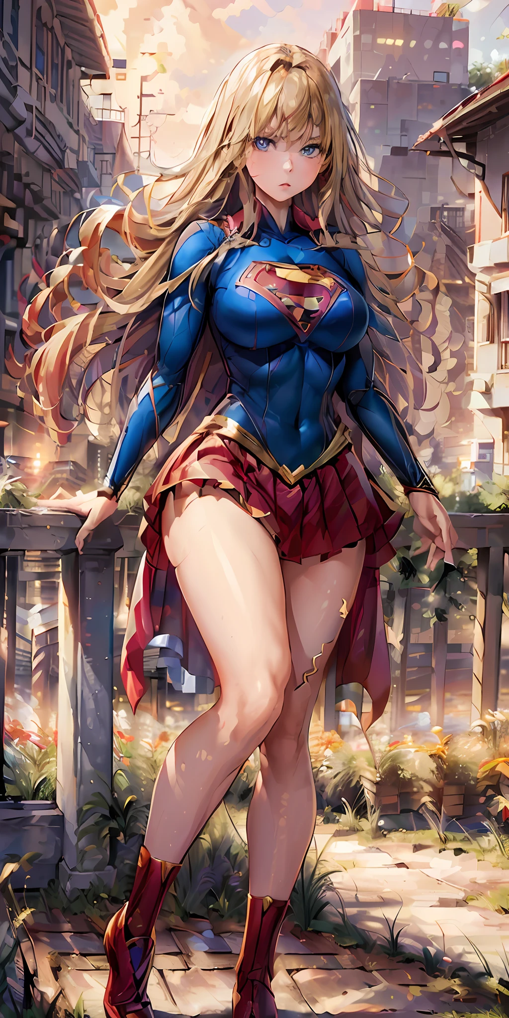 ((best quality, masterpiece, nonsense)),1girl:1.9, sexy, attractive Japanese woman, ( 18 years old, expressive blue eyes, shoulder-length blonde hair, long hair,loose and voluminous hair, huge bust proportional to body) wearing supergirl cosplay (supergirl suite custom cosplay), red pleated skirt,ecchi, terrace of 1 building