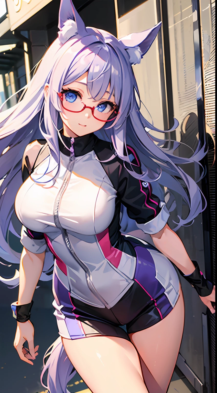 ((Best Quality)), (Ultra-detailed), ((Extremely detailed)), (Beautiful), ((Kawaii Girl))、Hair is white、Longhaire、Quirk hair、Blue eyes、Girl with horse ears and tail、tall、Breasts are big、Purple and white running wear、Lavender colored black running shoes、Red under-rim glasses、One Girl Standing On A Truck、animesque、Uma Musume