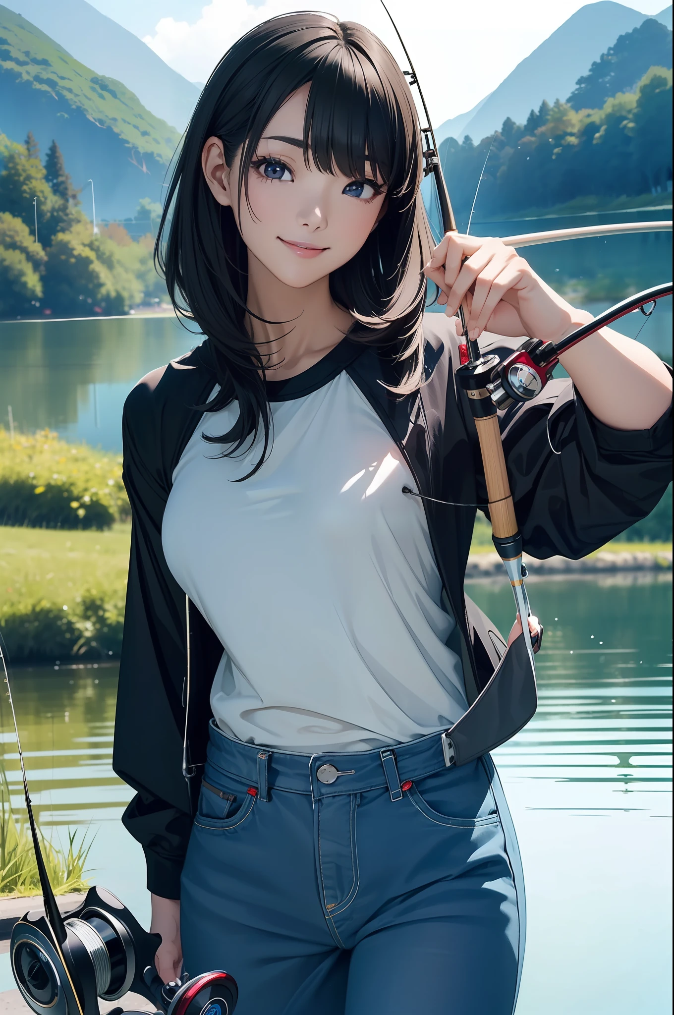 (((have a fishing rod and reel by the lakeside:1.1))),((Best quality, Masterpiece :1.3)),1 japanese mature female,black hair, longeyelashes, solid circle eyes, light smile, drop shadow, atmospheric perspective, 8k, super detail, ccurate, best quality, middle breasts,black jacket, Black T-shirt ,navy blue jeans,
