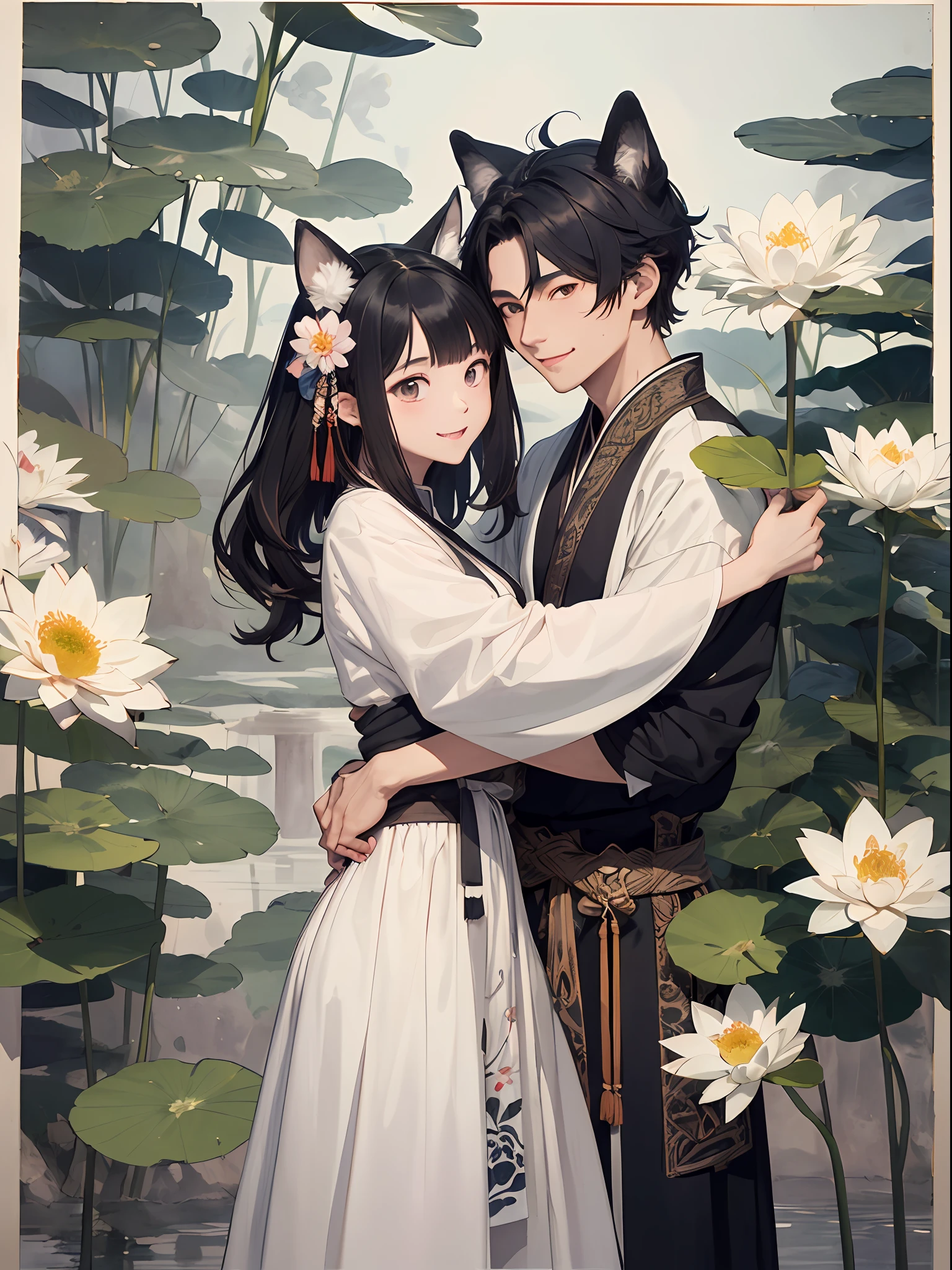 ((4K、​masterpiece、top-quality))、(Two men smiling face to face)、Gray-haired man with beautiful fox ears、Armin、Strong man with black hair with wolf ears、Alvin、ink and watercolor painting、Traditional Chinese Ink Painting、lotuses、Hanfu、Maxi Kit、Dress conservatively、Animal ears,、bule、florals、Lots of flowers nearby、shenron、extra detailed face