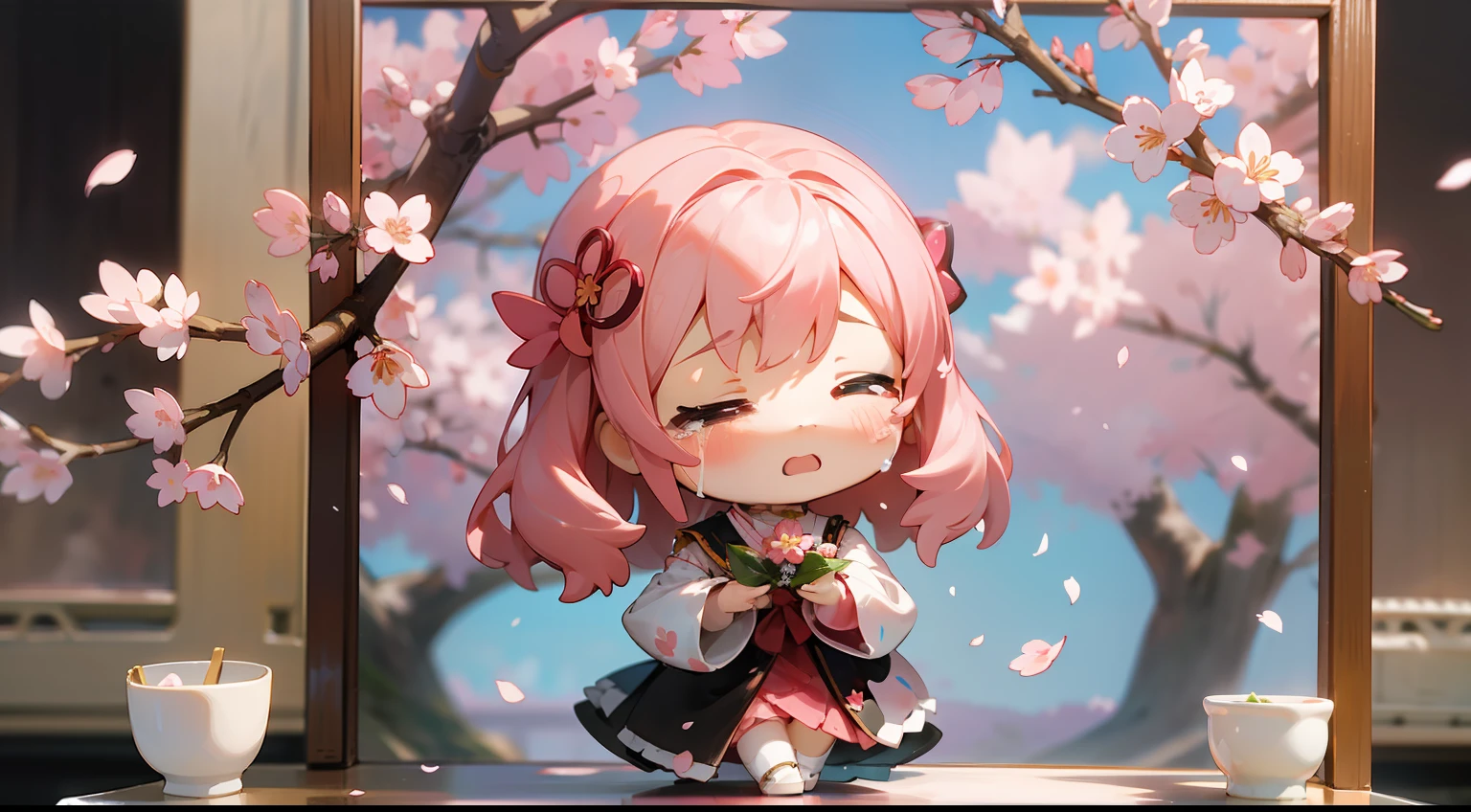 Doll standing in front of the painting、bionde、Crying face、Wiping tears、Close your right eye、Sengai、pixiv、rokoko、dollfie dream、watercolor Nendoroid、(High Definition Figure)、flowing sakura-colored silk、nendroid、highly_Detailed!!,Cherry blossom petals、Flowing cherry blossom silk、season!!: 🌸 ☀ 🍂 ❄