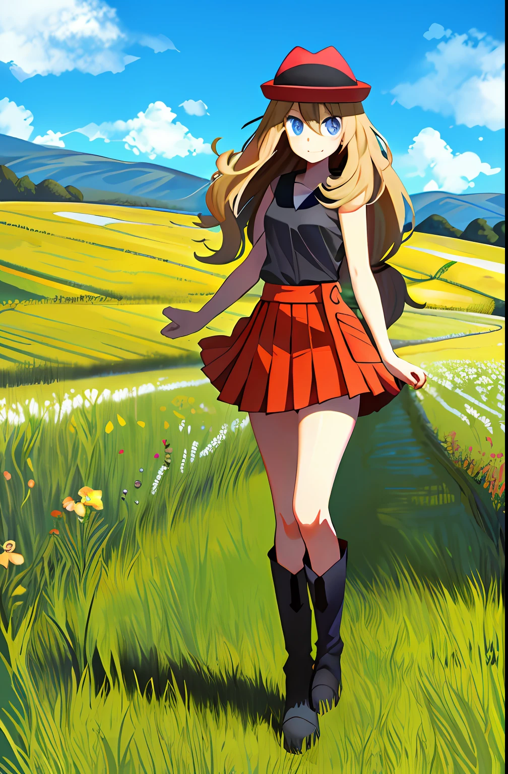 Masterpiece, Best quality, A high resolution, Blue eyes, serena \(Pokemon\), 1girll, Solo, upper legs, Long hair, Hat, jewelry, black thighhigns, Collared shirt, Pleated skirt, Red skirt, Sleeveless, high waisted skirt, Sleeveless shirt, eyeslashes, Gray headdress, Black shirt, desk,full bodyesbian, Field,Smile, Closed mouth, Sexy,boot,Long boots,full bodyesbian,Reveal boots,Boots exposed