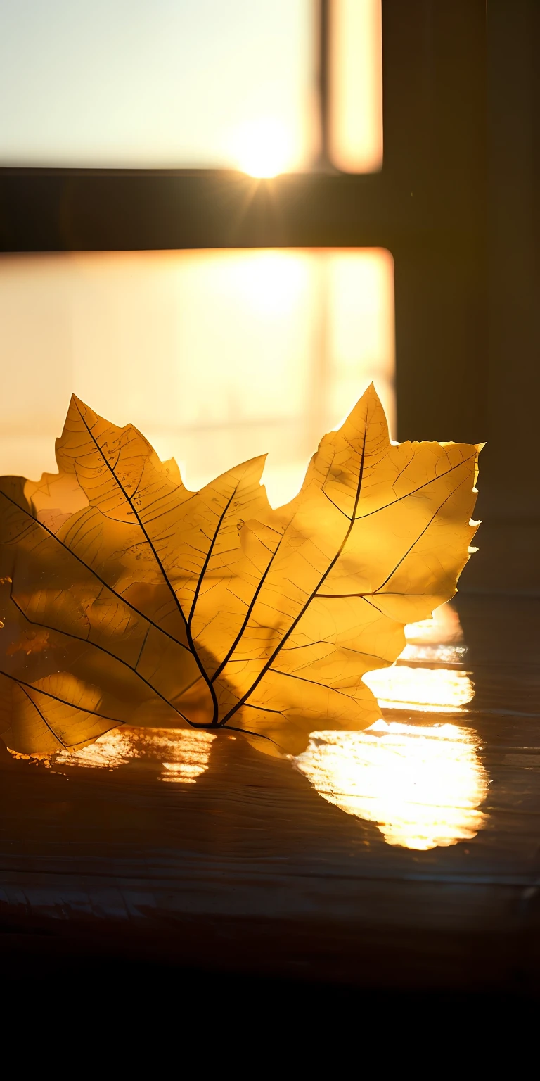 On the wooden table lay a leaf, soft autumn sunlight, autumn light, Warm gold backlight, soft golden light, golden morning light, afternoon sunlight, Beautiful backlight, sunny amber morning light, at sunset in autumn, backlight leaves, backlit golden hour, golden hour sunlight, The light from the back window is backlighted, The light from the back window is backlighted, Beautiful backlight, autumn sunlights