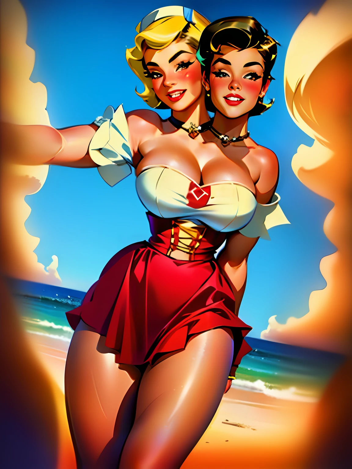 (2heads),(high quality, best rendering),(gorgeous girl,Ana Nicole Smith),(bombshell, pin-up style)