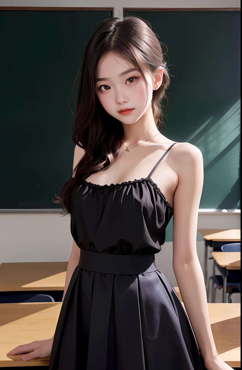 1girl, cute, 16 years old, seductive expression, look at viewer, spaghetti strap top, high waist skirt, photo, realistic, best quality, hires, detailed face, classroom, detailed background, diffused lighting, depth of field, bokeh, full body
