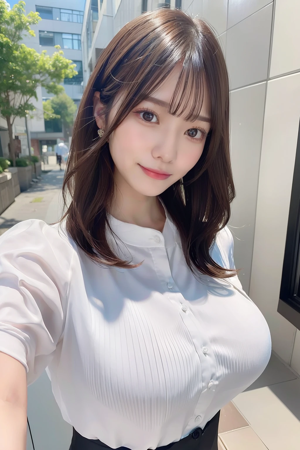 ((top-quality、8k、masterpiece:1.3))、Crisp focus:1.2、Beautiful Women in Perfect Style:1.4、Happy smile、Slender abs:1.2、((Dark brown hair、huge tit:1.2))、(White button-up long shirt:1.1)、Street:1.2、Highly detailed facial and skin texture、A detailed eye、二重まぶた